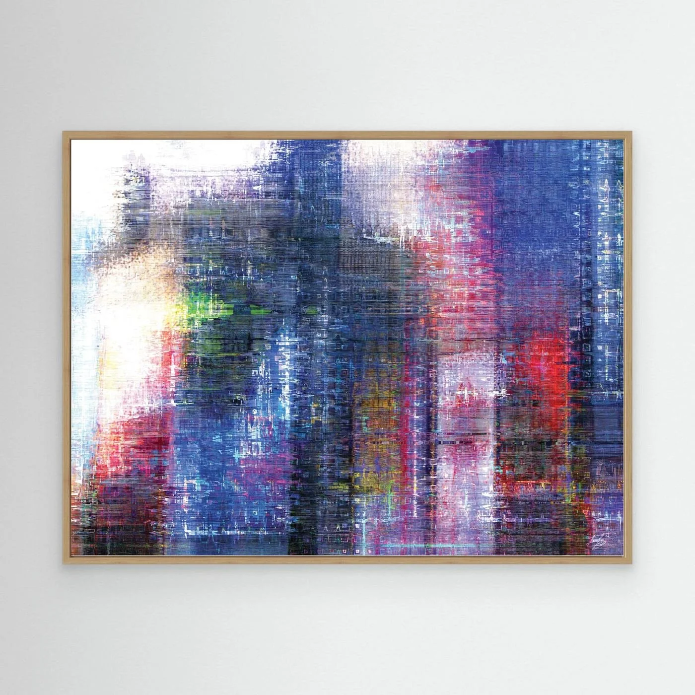 Abstract fine art print evoking a textured city skyline with vertical lines in deep blue, purple, and red tones, framed and ready to hang. With wooden frame