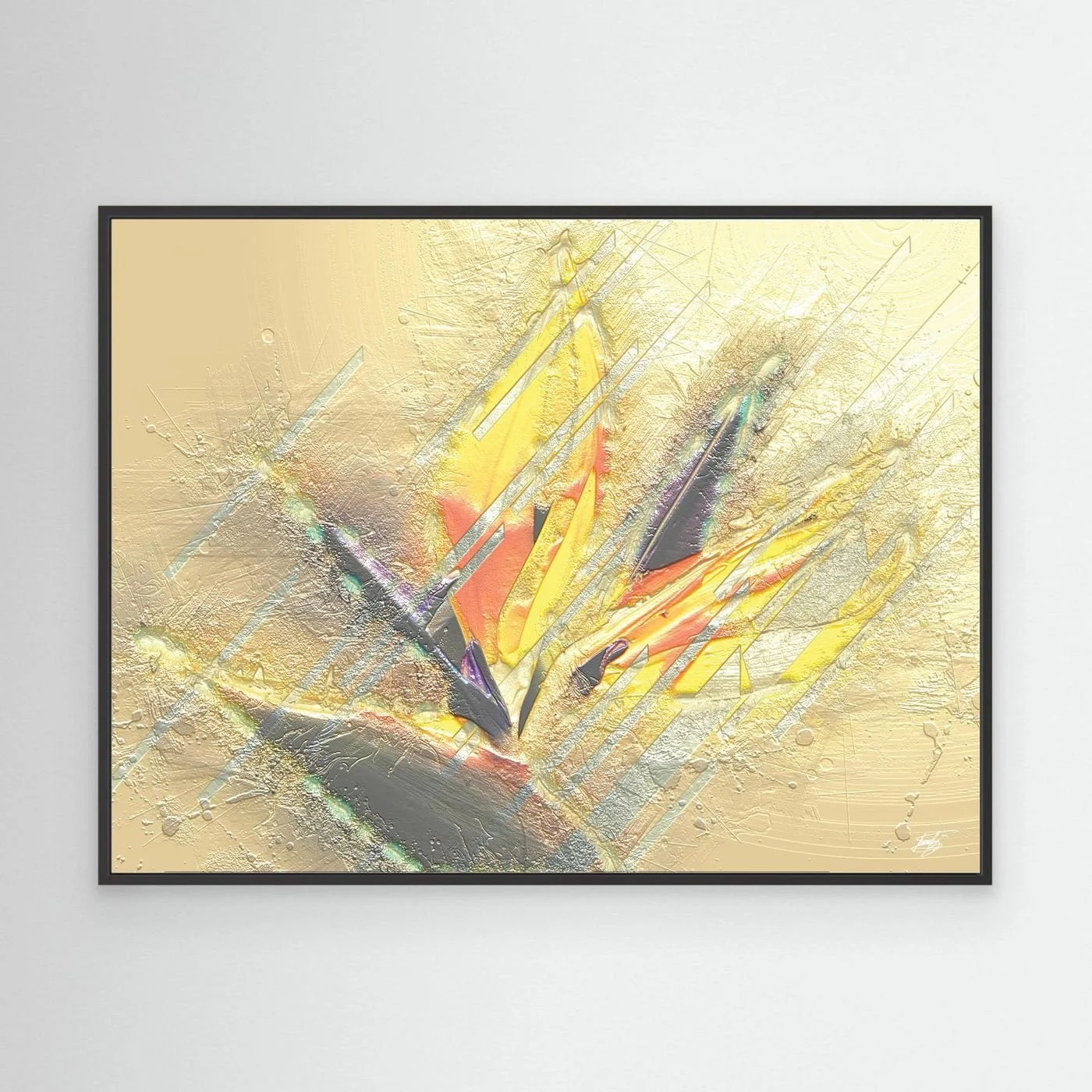 Minimalist digital art print showcasing sharp geometric shapes and textured brushstrokes in bright gold, yellow, and beige tones, framed and ready to hang. With black frame