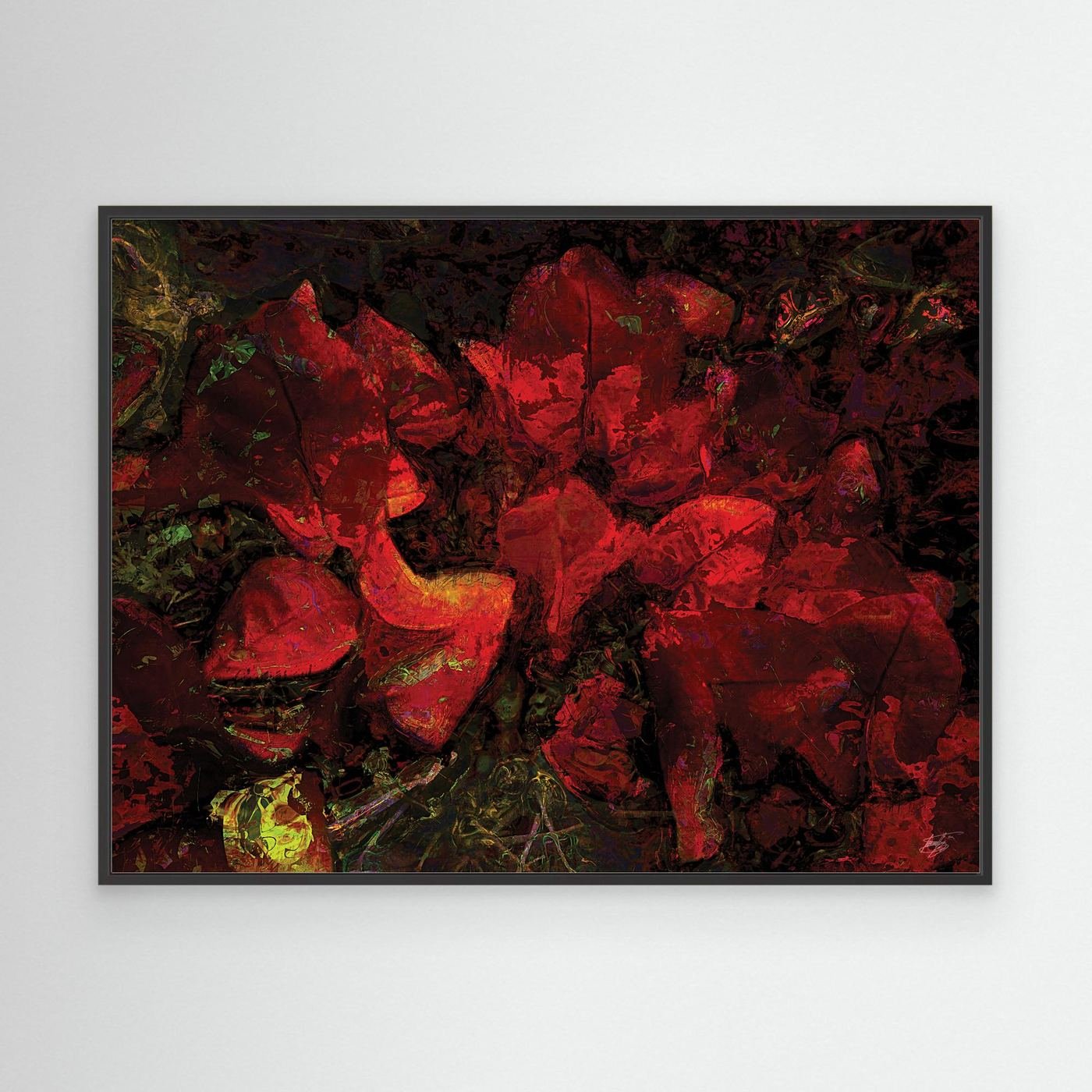 Dark abstract fine art print showcasing a dense, moody floral pattern in deep crimson red and burgundy tones against a textured black background, framed and ready to hang. With black frame