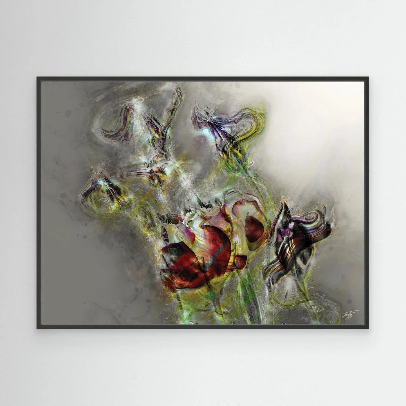 Ethereal abstract fine art print featuring highly textured glowing floral shapes in deep red and green tones against a soft grey background, framed and ready to hang. With black frame