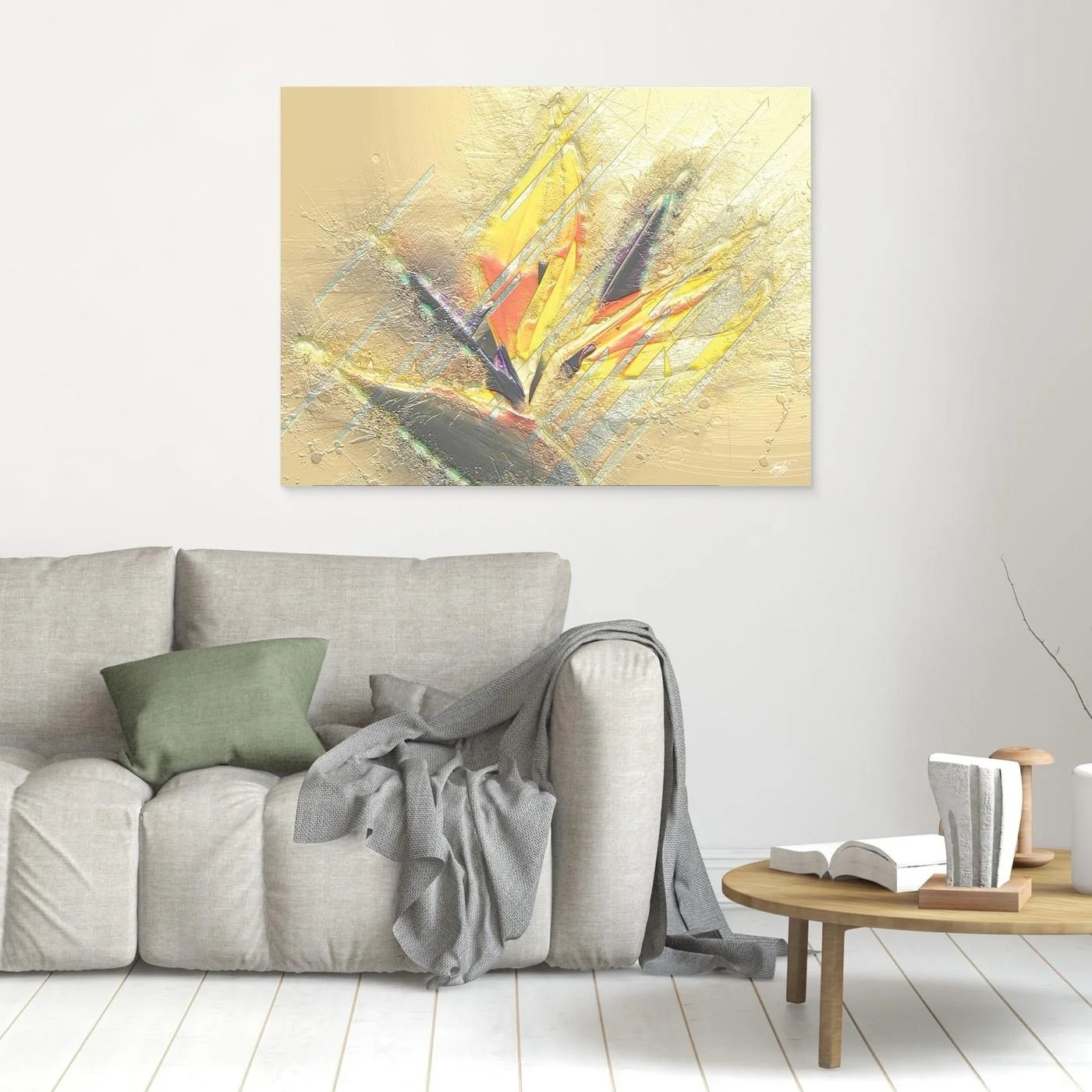 Minimalist digital art print showcasing sharp geometric shapes and textured brushstrokes in bright gold, yellow, and beige tones, framed and ready to hang. In living room