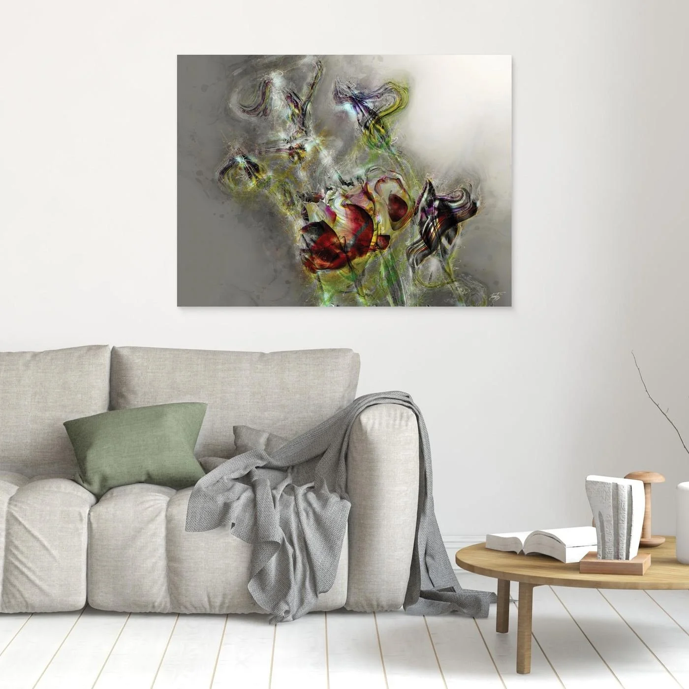 Ethereal abstract fine art print featuring highly textured glowing floral shapes in deep red and green tones against a soft grey background, framed and ready to hang. In living room