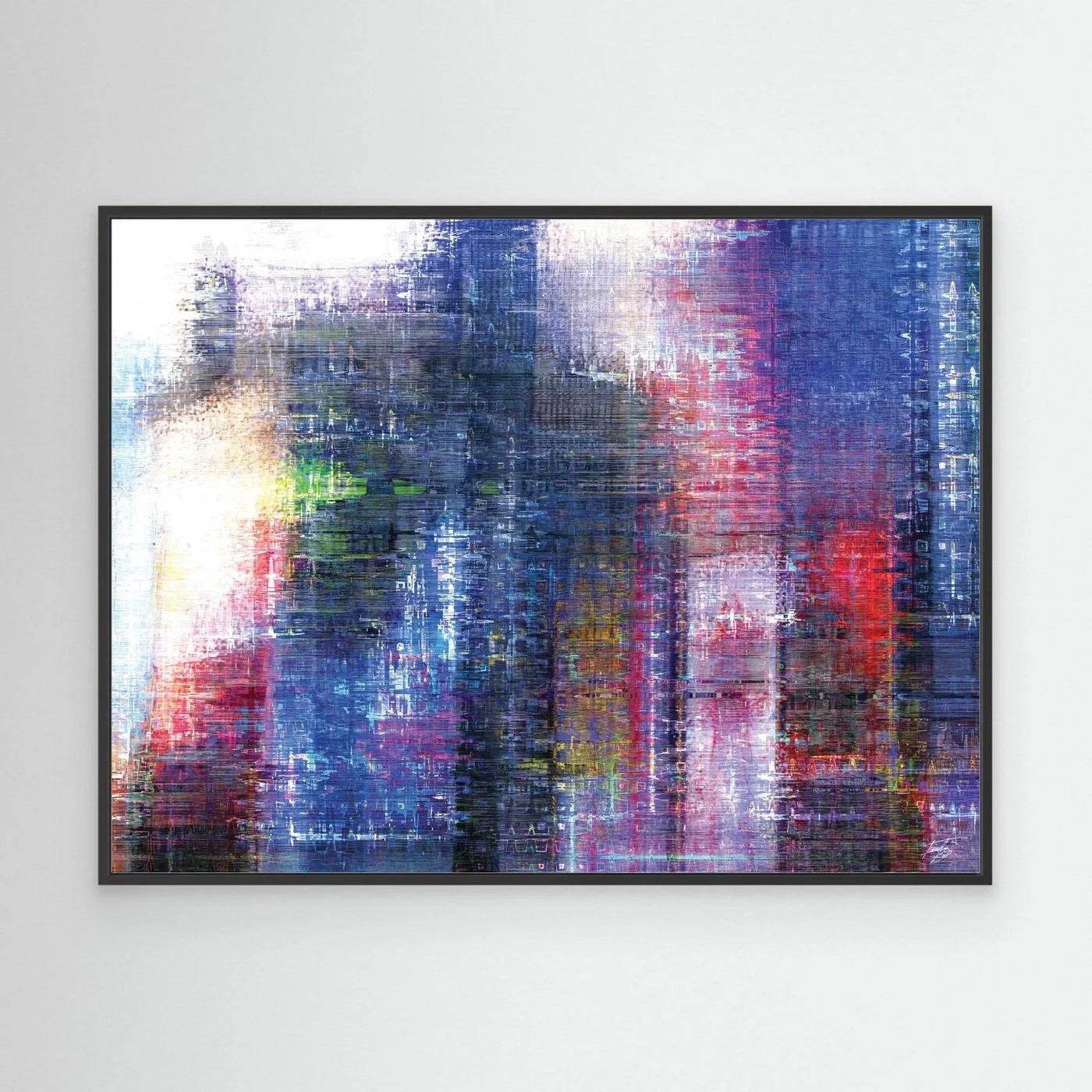 Abstract fine art print evoking a textured city skyline with vertical lines in deep blue, purple, and red tones, framed and ready to hang. With black frame