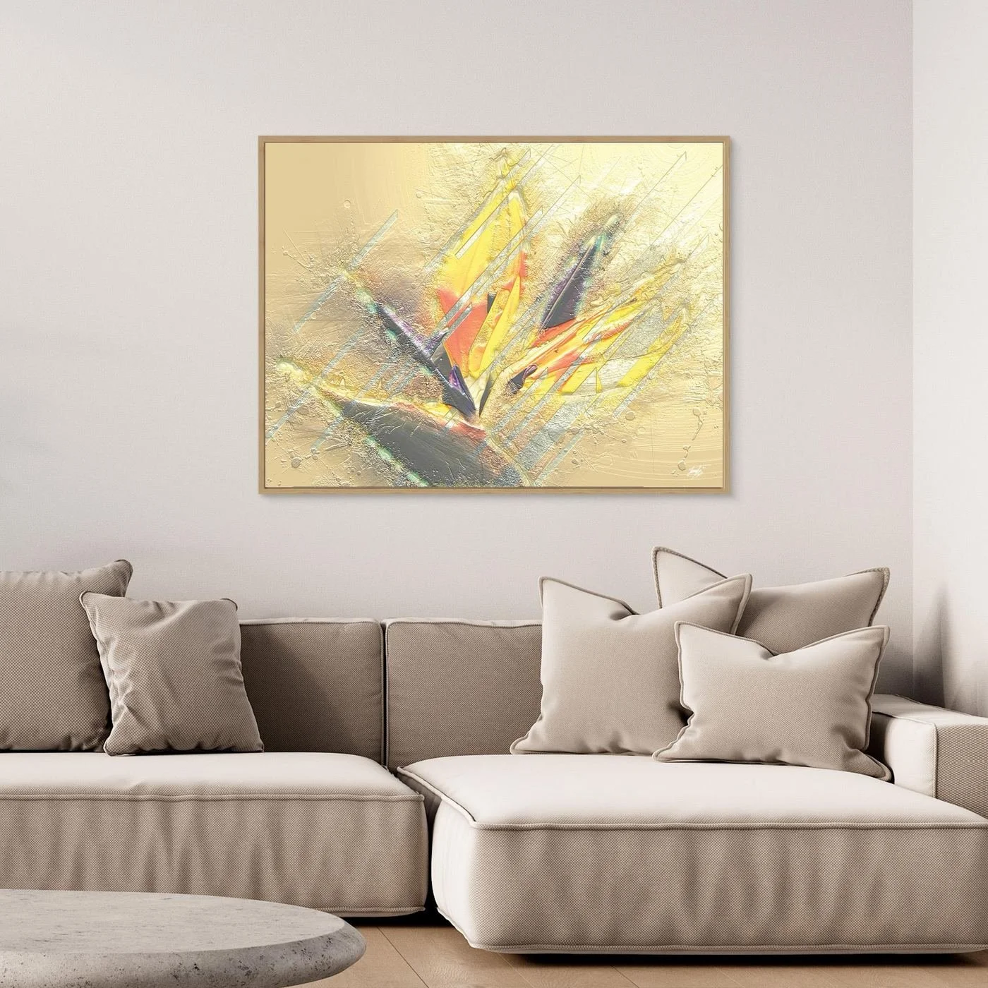 Minimalist digital art print showcasing sharp geometric shapes and textured brushstrokes in bright gold, yellow, and beige tones, framed and ready to hang. Over grey couch