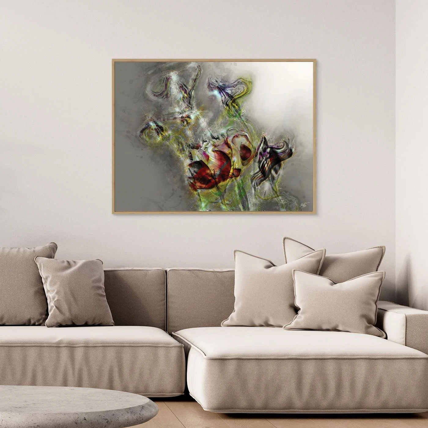 Ethereal abstract fine art print featuring highly textured glowing floral shapes in deep red and green tones against a soft grey background, framed and ready to hang. Over grey couch