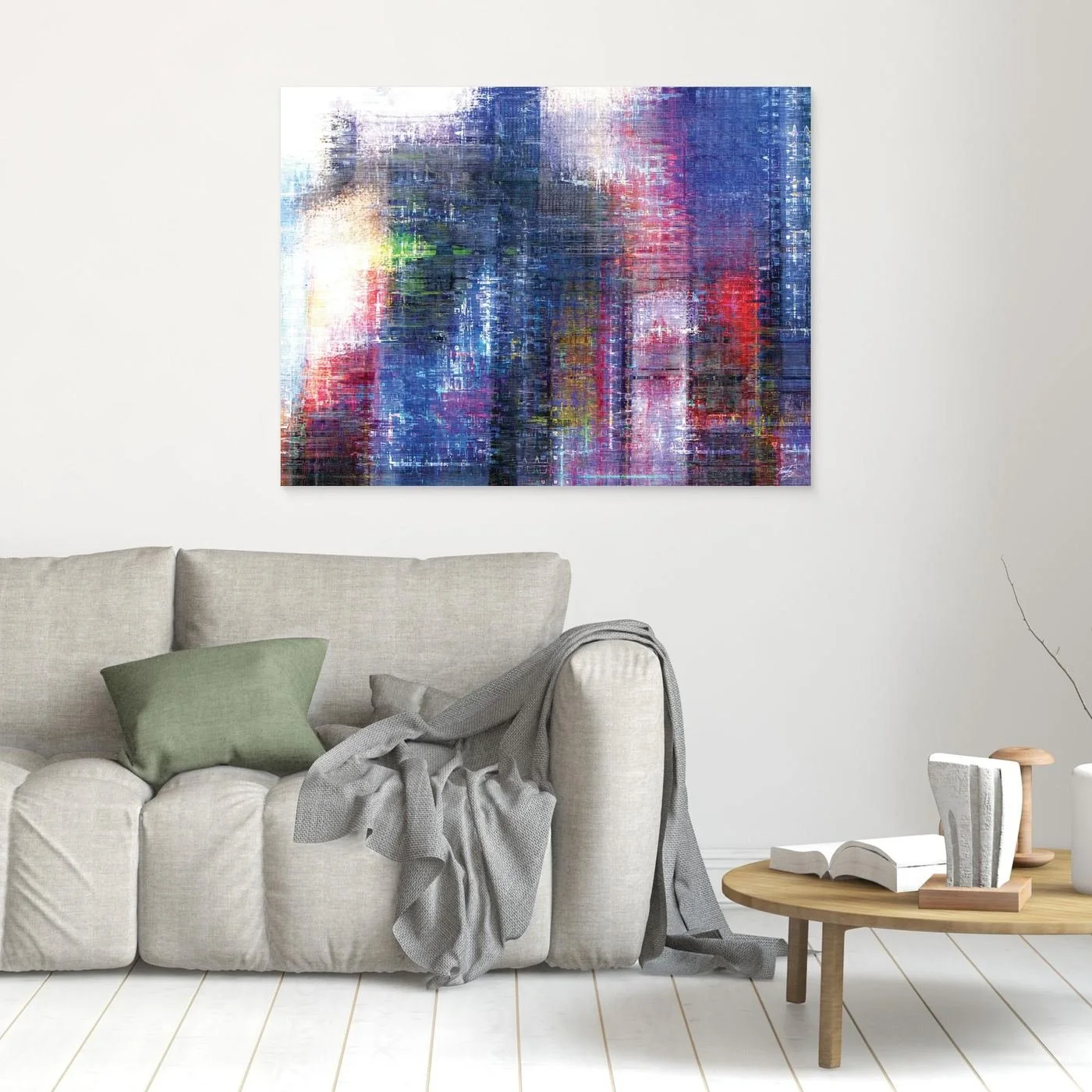 Abstract fine art print evoking a textured city skyline with vertical lines in deep blue, purple, and red tones, framed and ready to hang. In living room