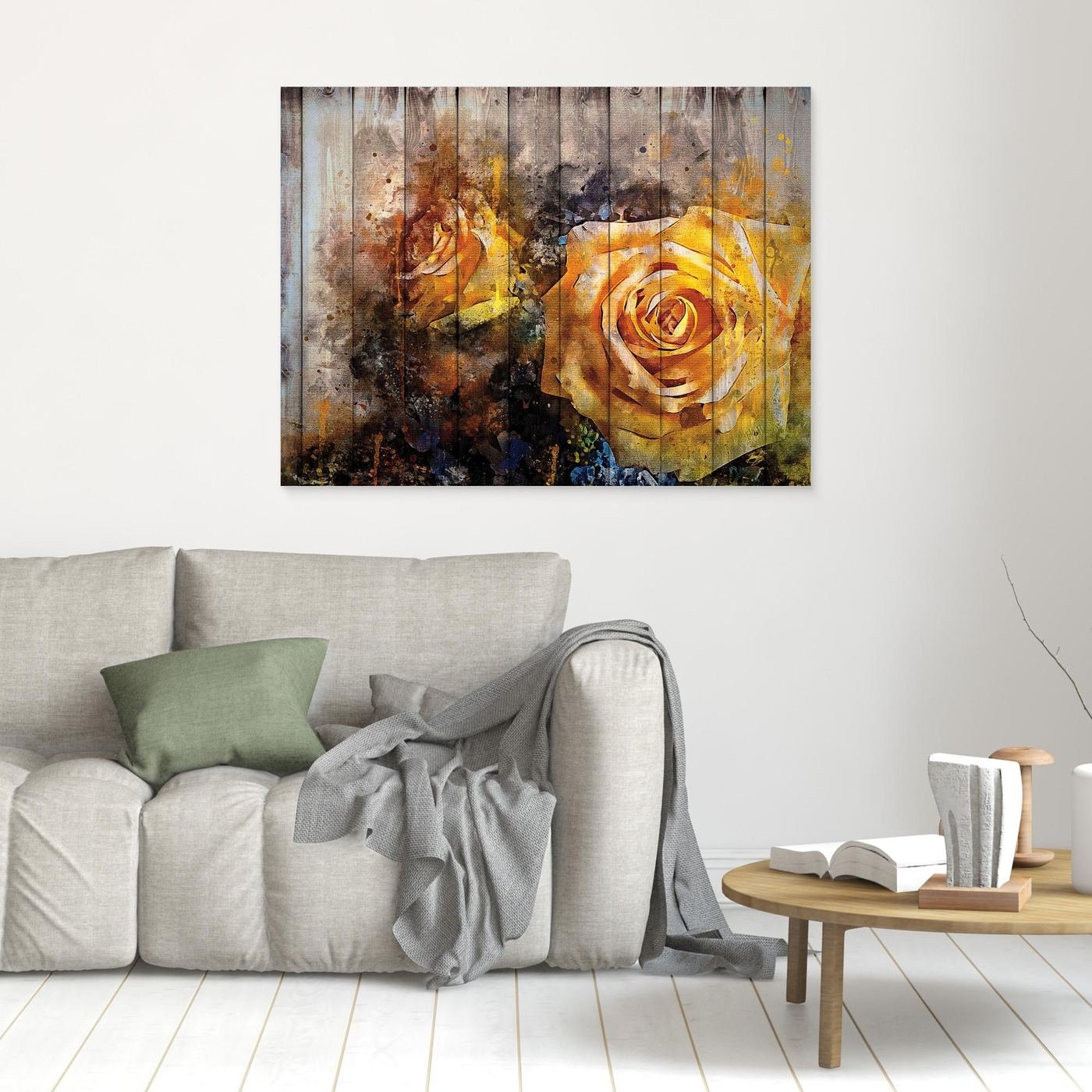 Vintage-style fine art print featuring an abstract yellow rose in watercolor splatters overlaid on a rustic wooden plank texture background, framed and ready to hang. In living room