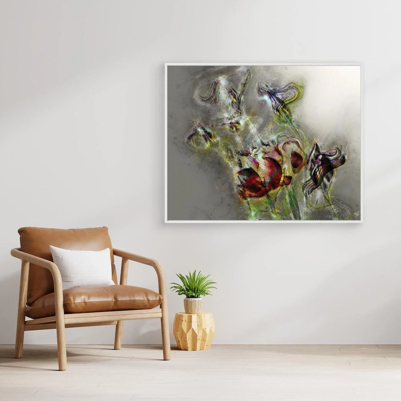 Ethereal abstract fine art print featuring highly textured glowing floral shapes in deep red and green tones against a soft grey background, framed and ready to hang. With chair