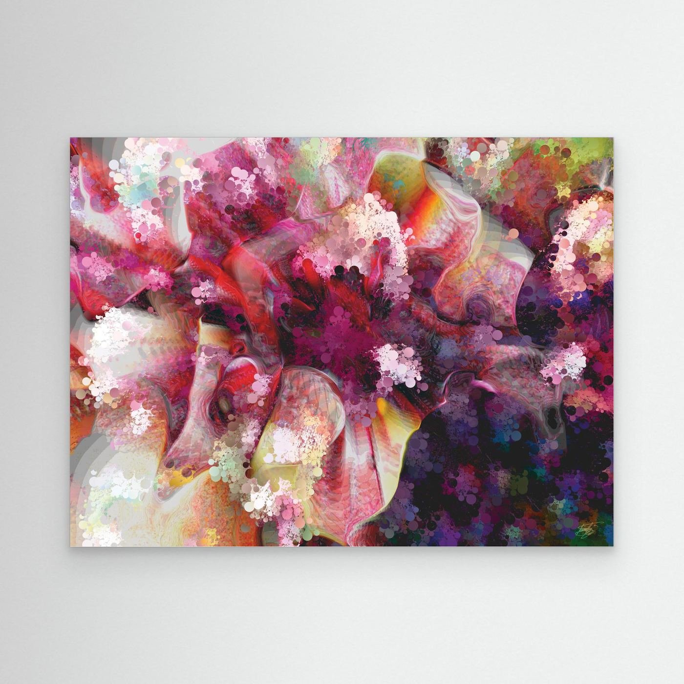 Vibrant abstract fine art print featuring pink, purple, and red floral textures, framed and ready to hang.