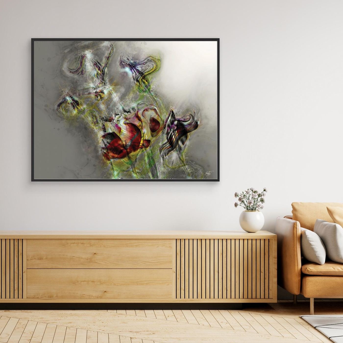 Ethereal abstract fine art print featuring highly textured glowing floral shapes in deep red and green tones against a soft grey background, framed and ready to hang. Over wooden console