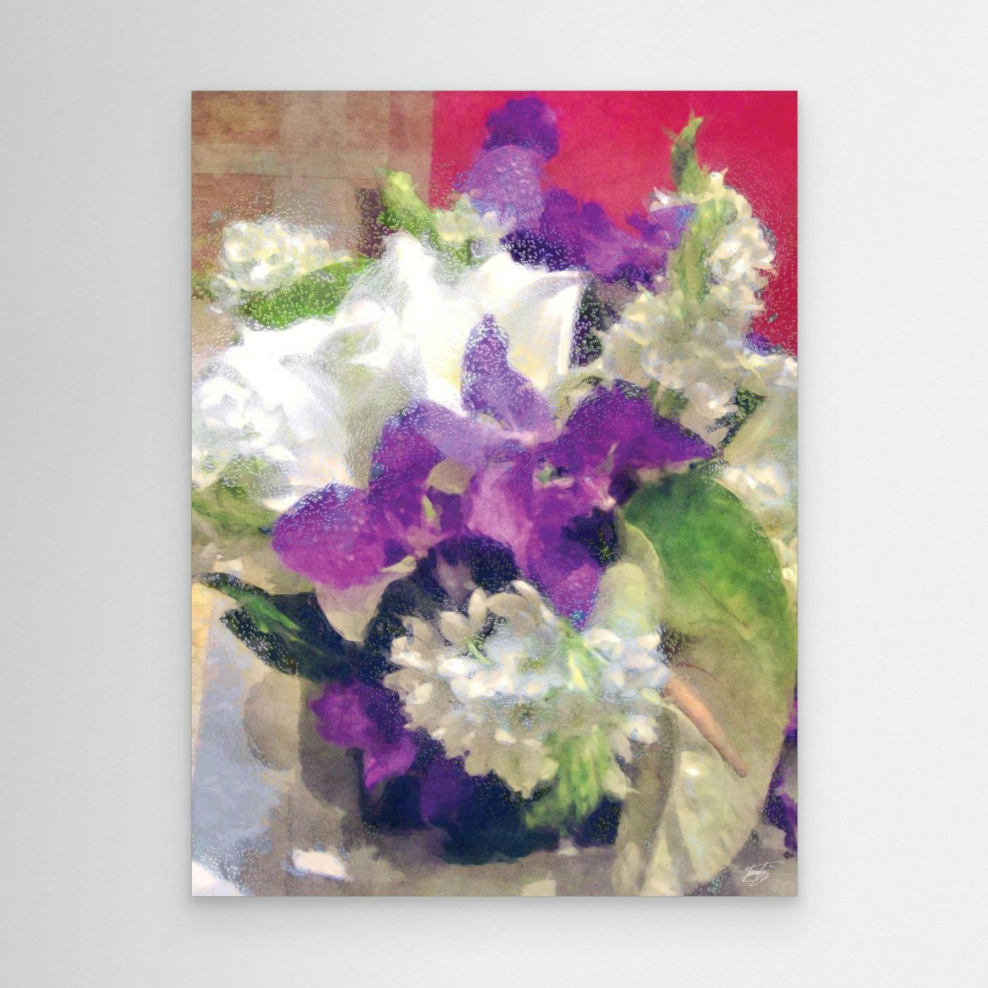 Abstract fine art print of a floral bouquet featuring white lilies and purple irises with a textured glass finish, framed and ready to hang.