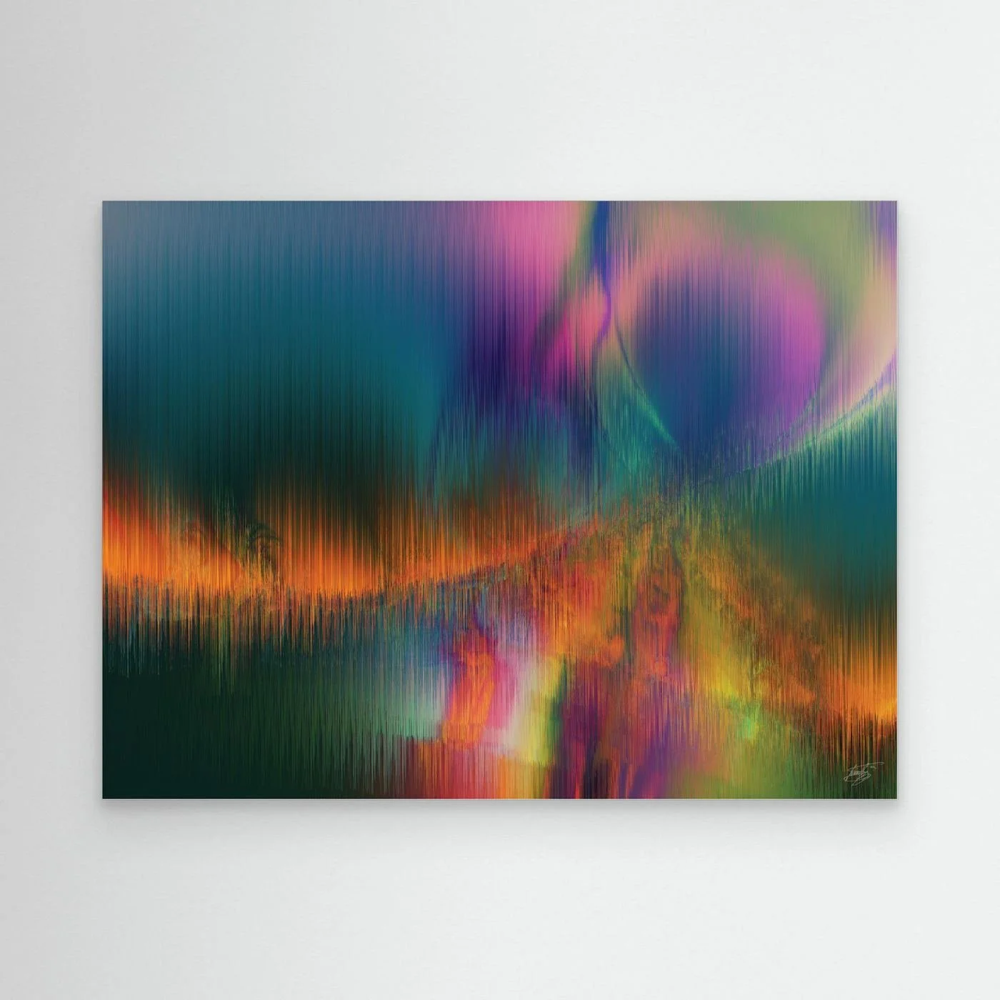 Abstract fine art print featuring vertical line textures reminiscent of a colorful landscape or aurora borealis with green, purple, and fiery orange tones, framed and ready to hang.