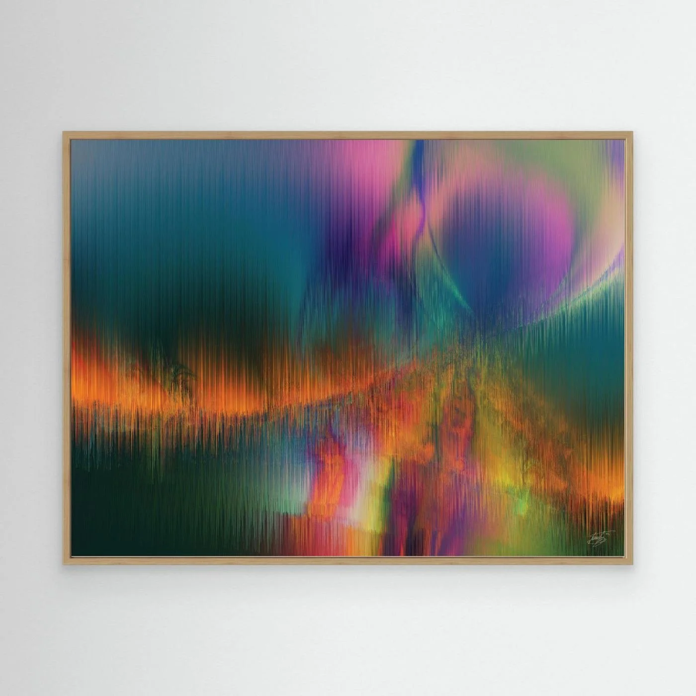 Abstract fine art print featuring vertical line textures reminiscent of a colorful landscape or aurora borealis with green, purple, and fiery orange tones, framed and ready to hang. With wooden frame