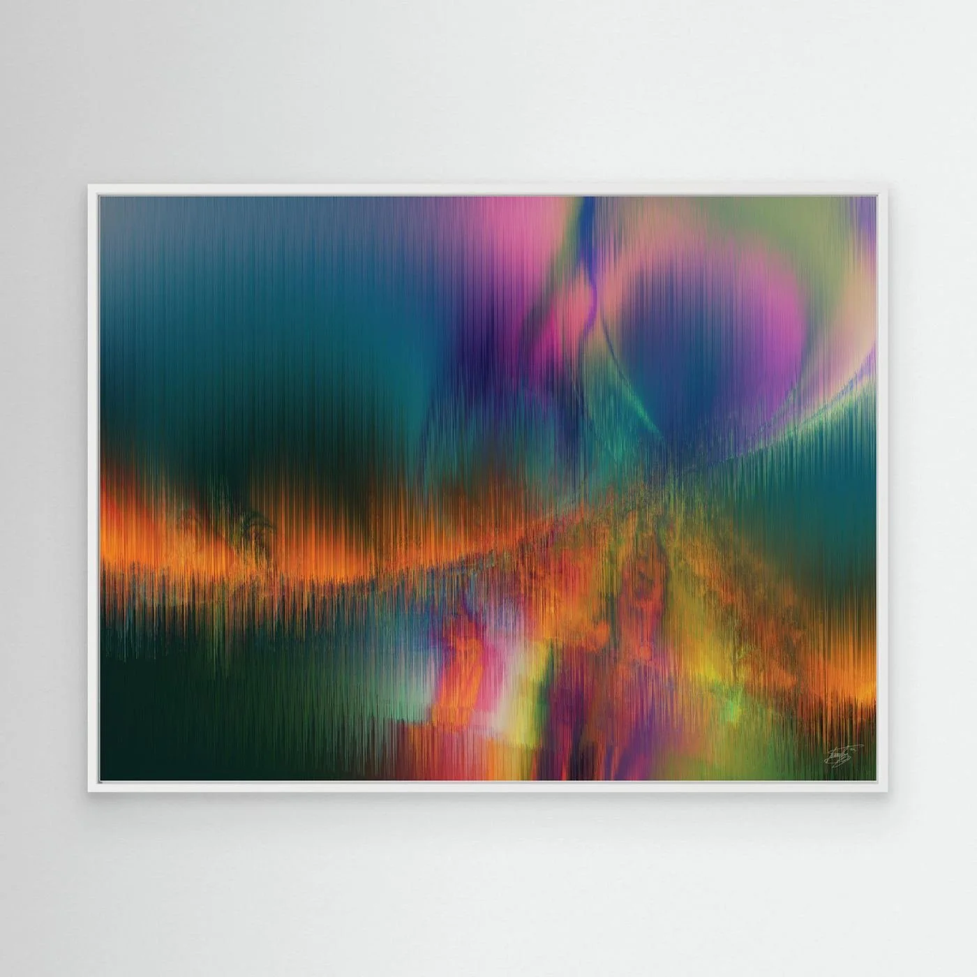 Abstract fine art print featuring vertical line textures reminiscent of a colorful landscape or aurora borealis with green, purple, and fiery orange tones, framed and ready to hang. With white frame