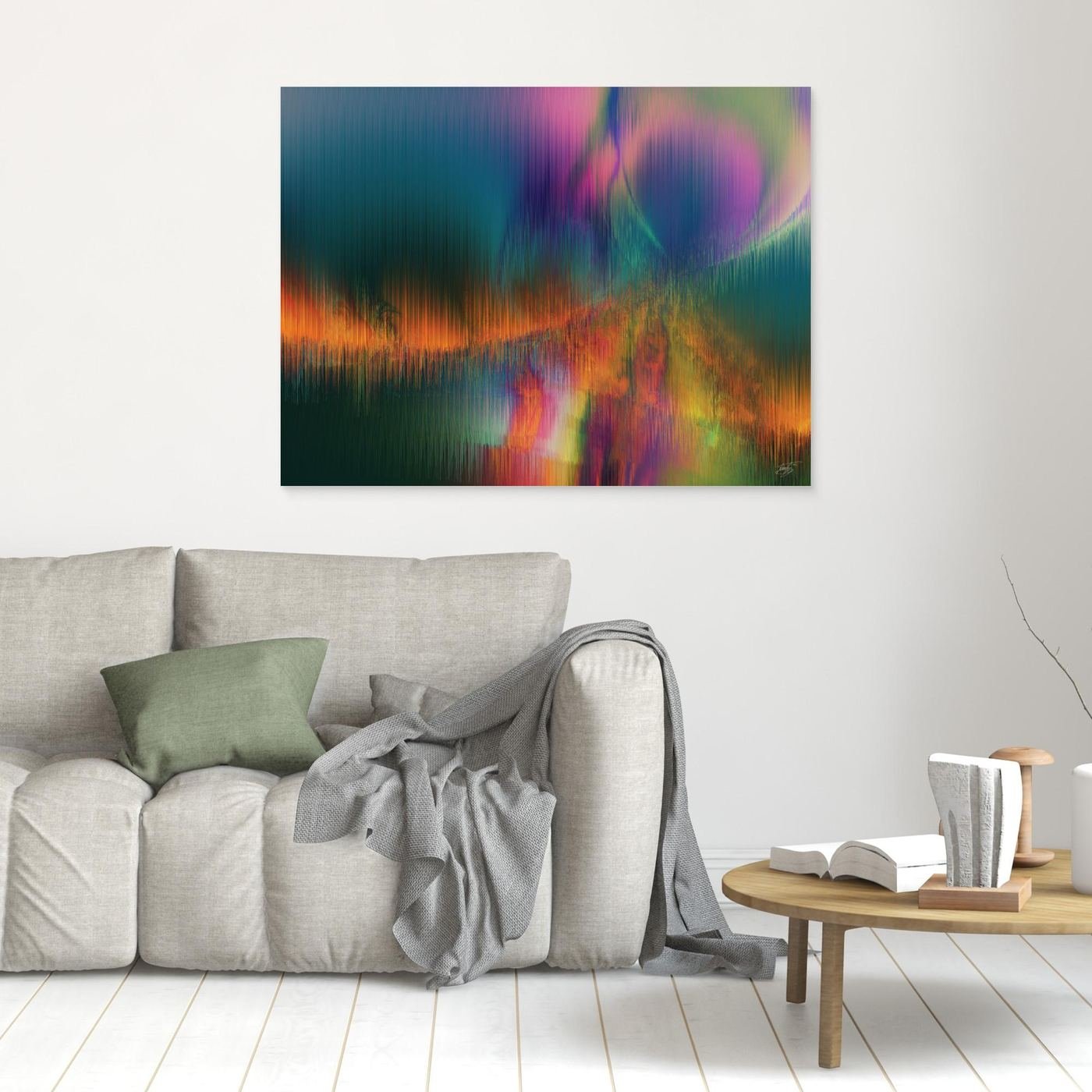 Abstract fine art print featuring vertical line textures reminiscent of a colorful landscape or aurora borealis with green, purple, and fiery orange tones, framed and ready to hang. In living room