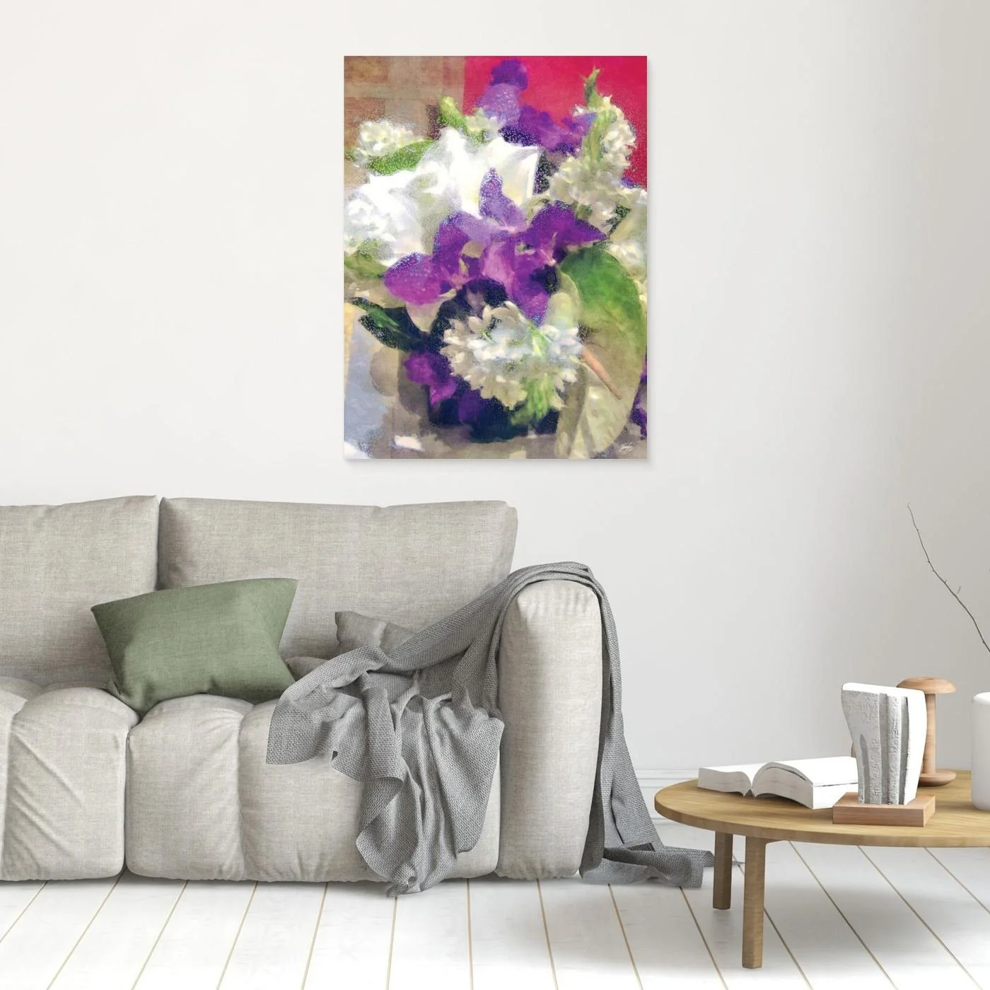 Abstract fine art print of a floral bouquet featuring white lilies and purple irises with a textured glass finish, framed and ready to hang. In living room