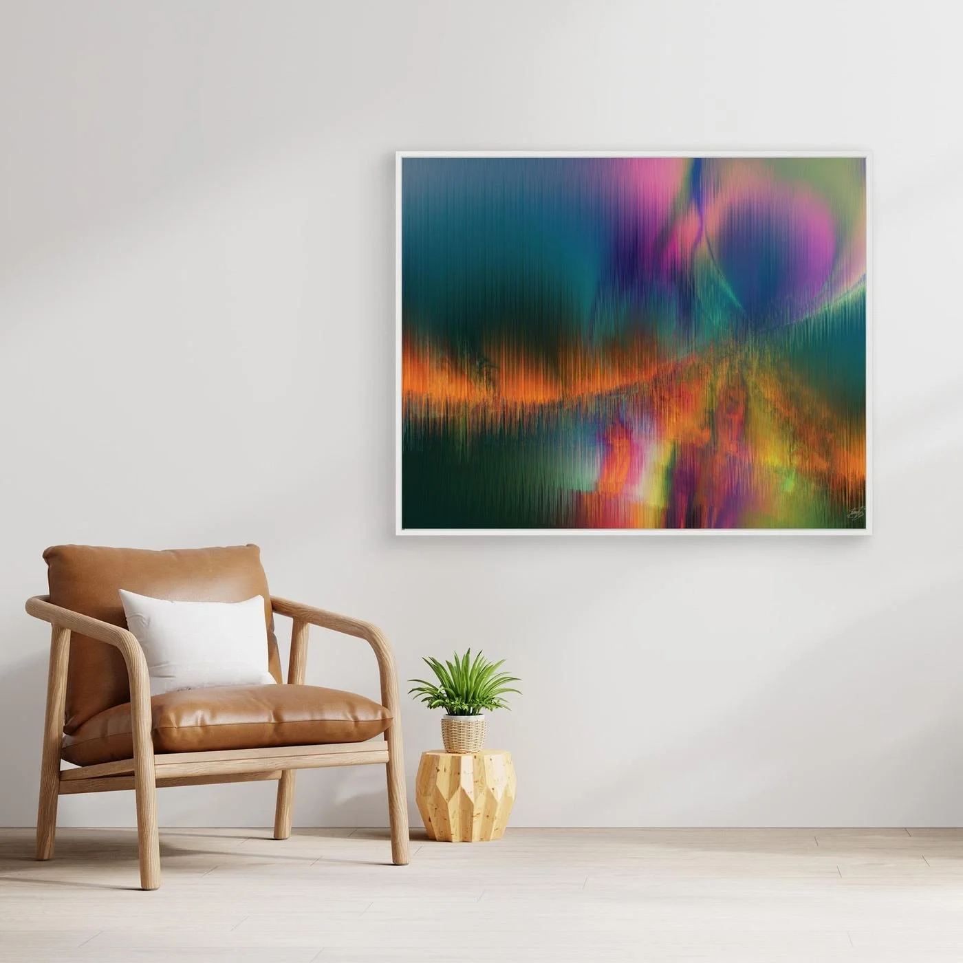 Abstract fine art print featuring vertical line textures reminiscent of a colorful landscape or aurora borealis with green, purple, and fiery orange tones, framed and ready to hang. With chair