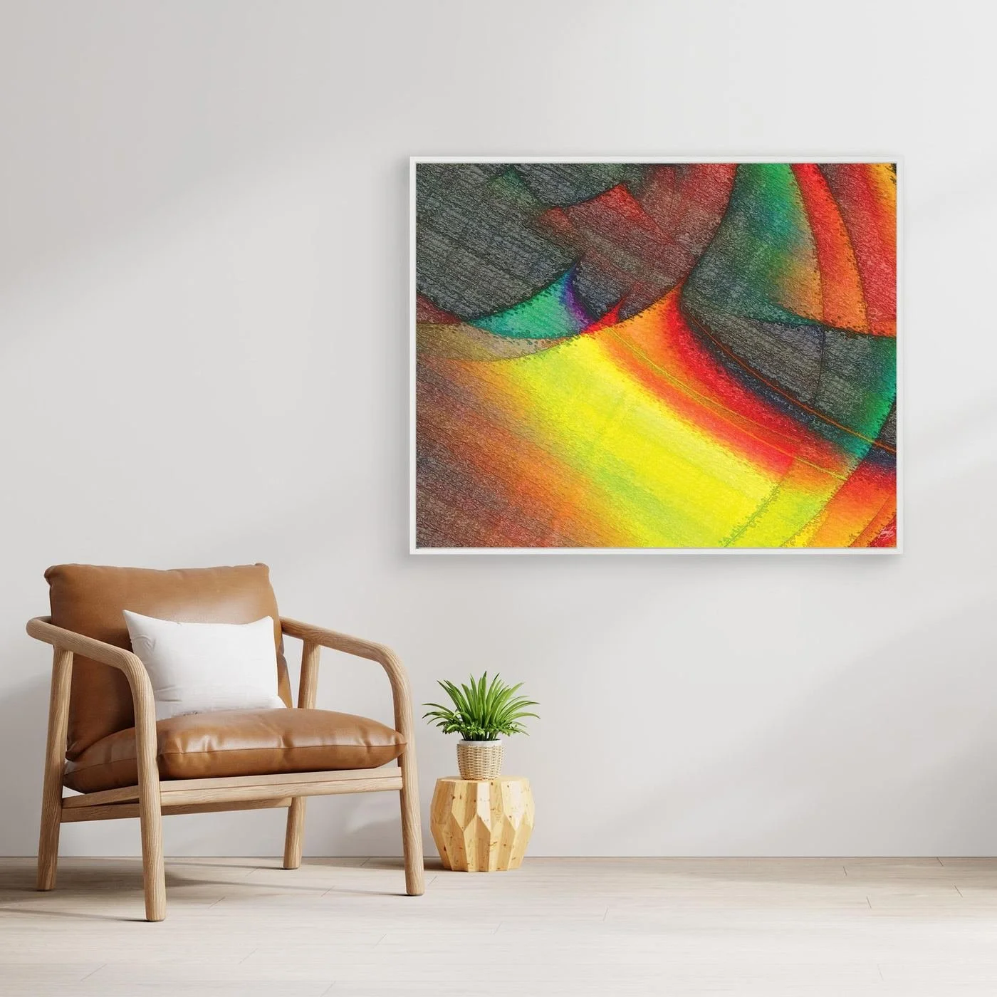 Abstract fine art print featuring overlapping geometric shapes, and a bright glowing yellow and red light effect against dark textured patterns, framed and ready to hang. With chair