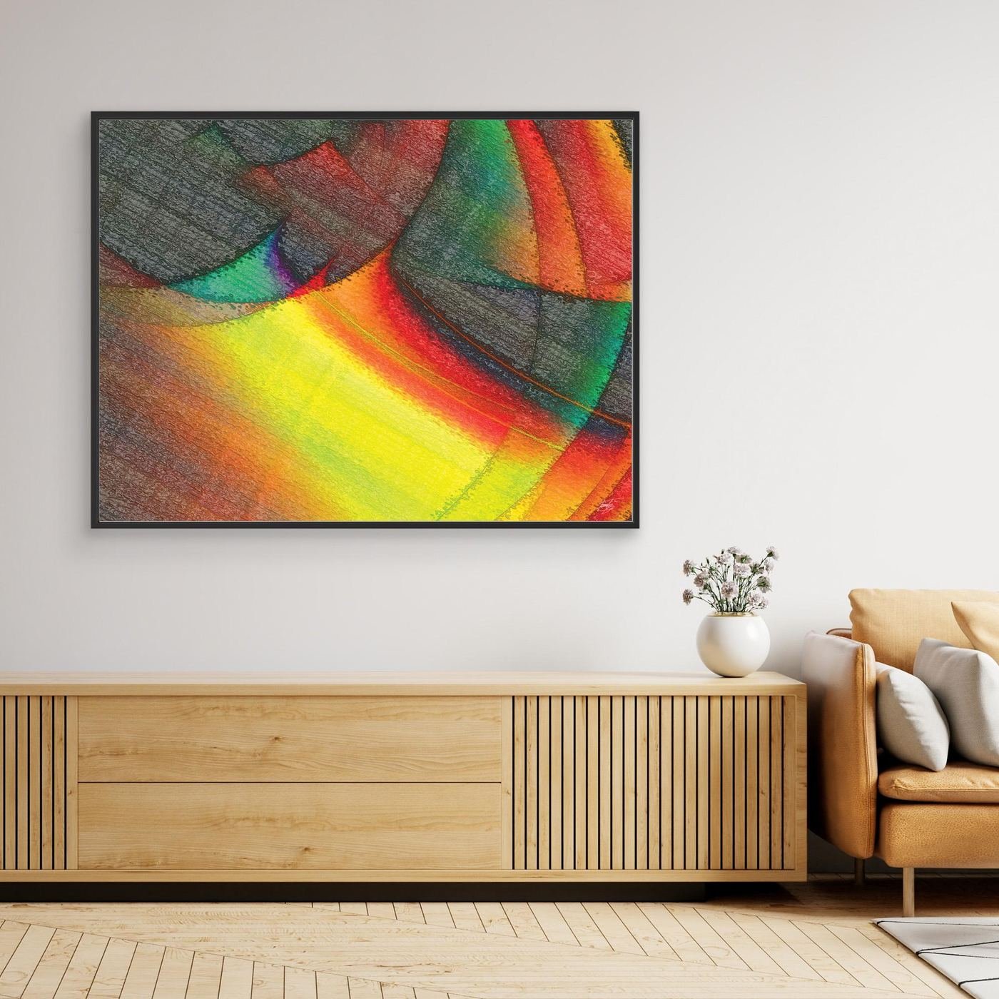Abstract fine art print featuring overlapping geometric shapes, and a bright glowing yellow and red light effect against dark textured patterns, framed and ready to hang. Over wooden console