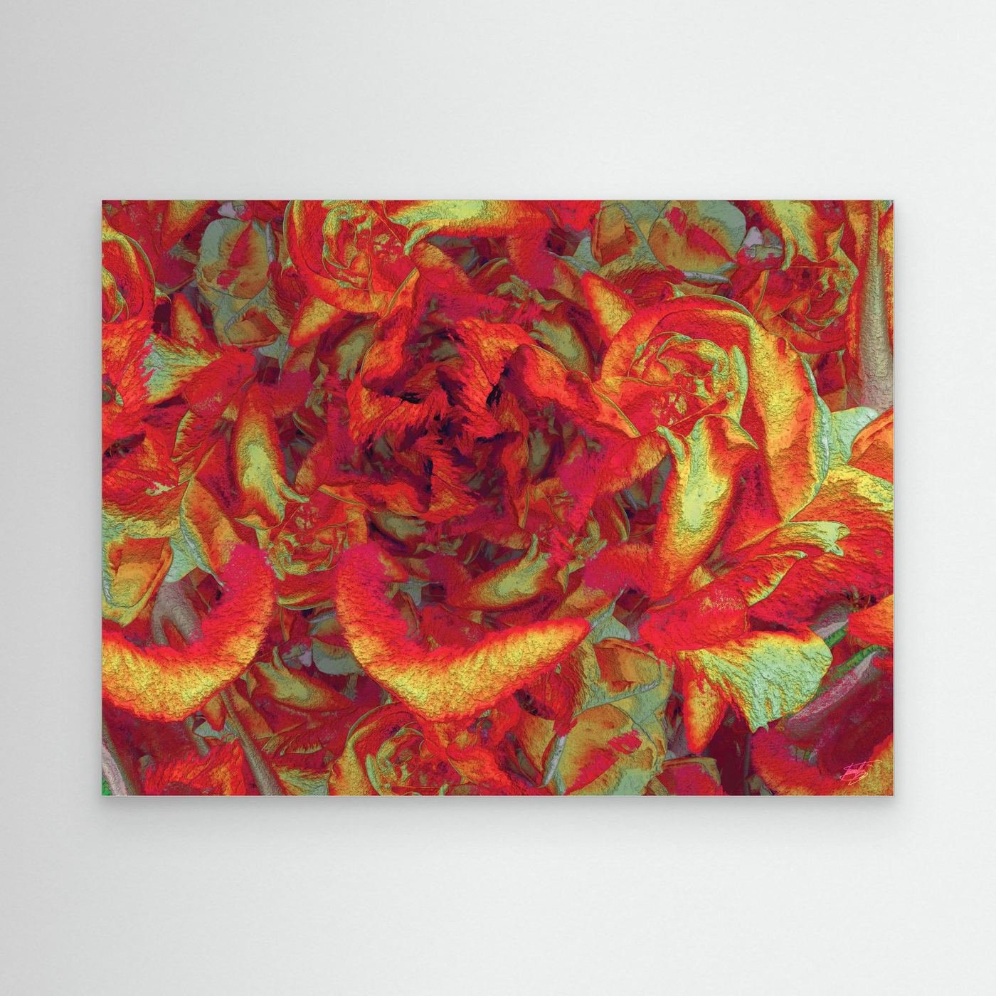 Abstract fine art print showcasing a dense, highly textured floral pattern in vibrant crimson red, fiery orange, and gold tones, framed and ready to hang.