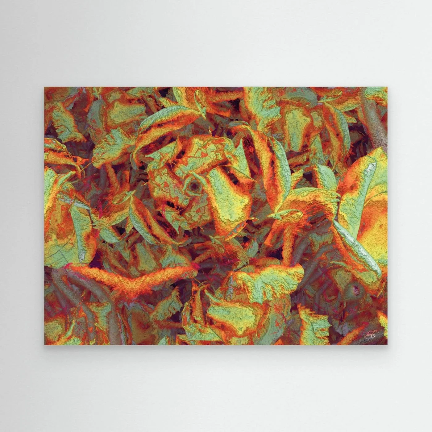 Abstract fine art print showcasing a dense, highly textured pattern of organic leaf-like shapes in warm autumn tones of orange, gold, and sage green, framed and ready to hang.