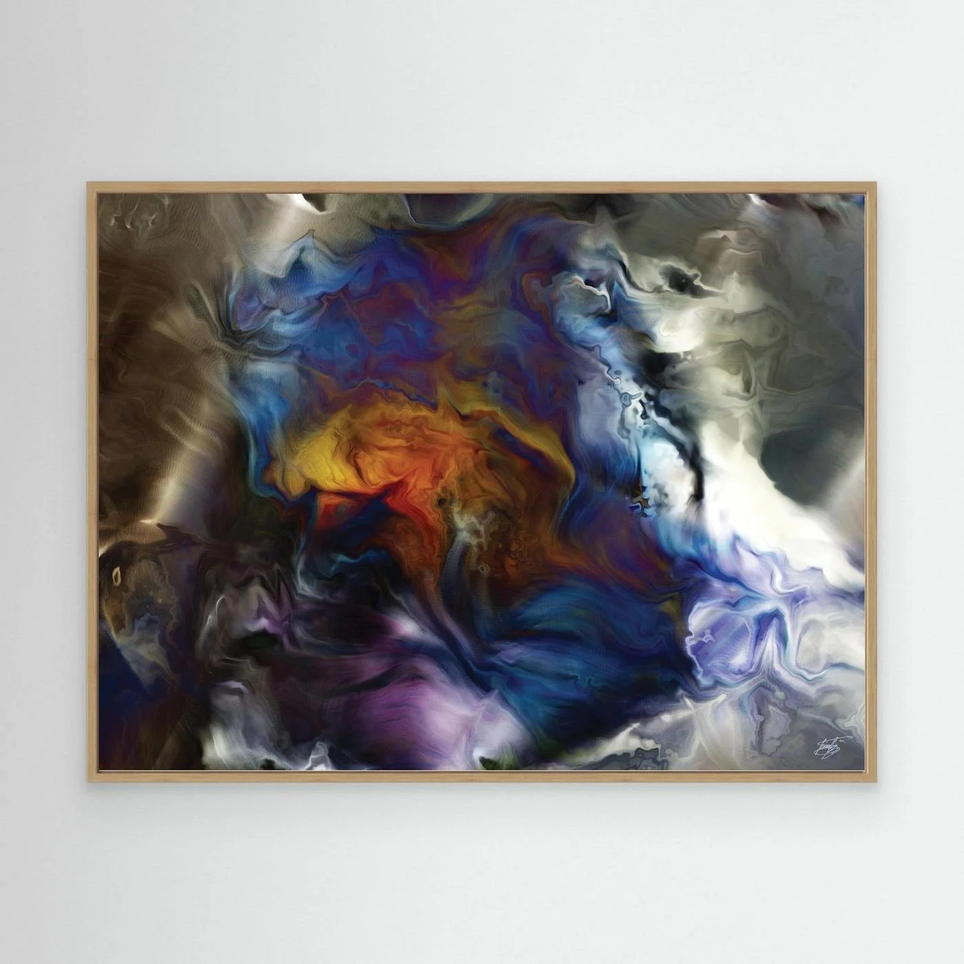 Abstract fine art print showcasing a fluid, marble-like cosmic swirl with deep blue, purple, and glowing amber tones surrounded by smoky neutral textures, framed and ready to hang. With wooden frame
