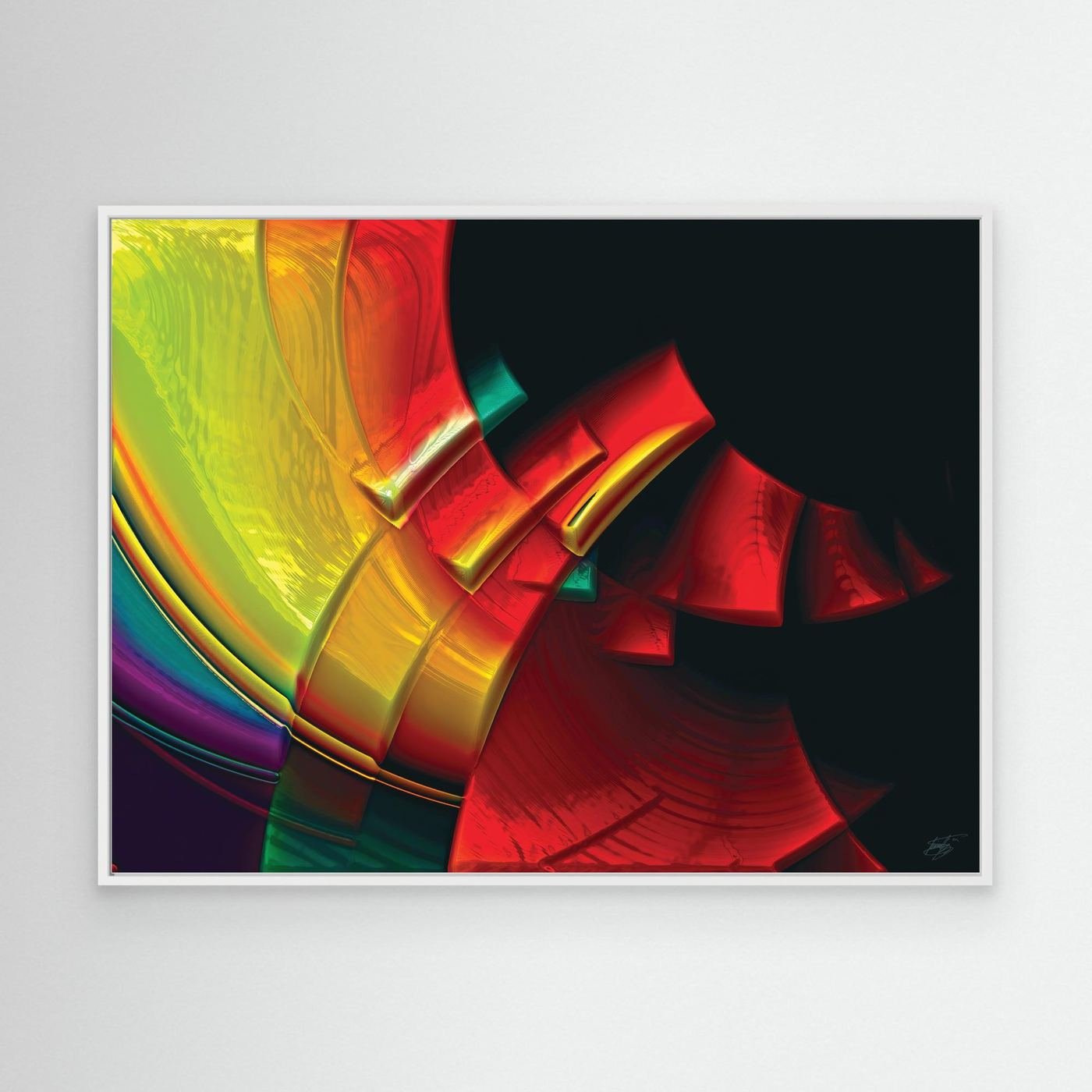 Vibrant fine art print featuring sweeping three-dimensional curves in bold red, yellow, green, and purple tones against a dark black background, framed and ready to hang. With white frame