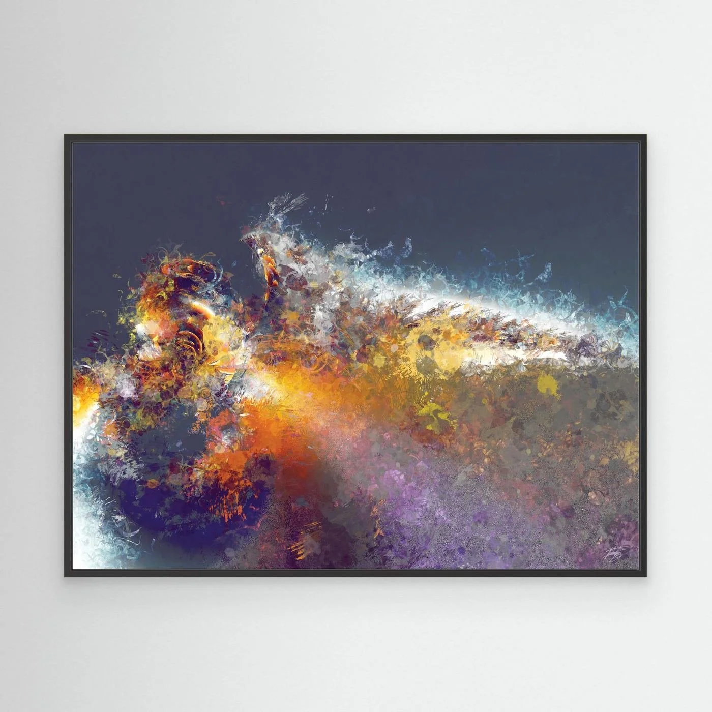 Dynamic abstract fine art print featuring explosive textured splatters in gold, orange, and white tones against a dark grey background, framed and ready to hang. With black frame