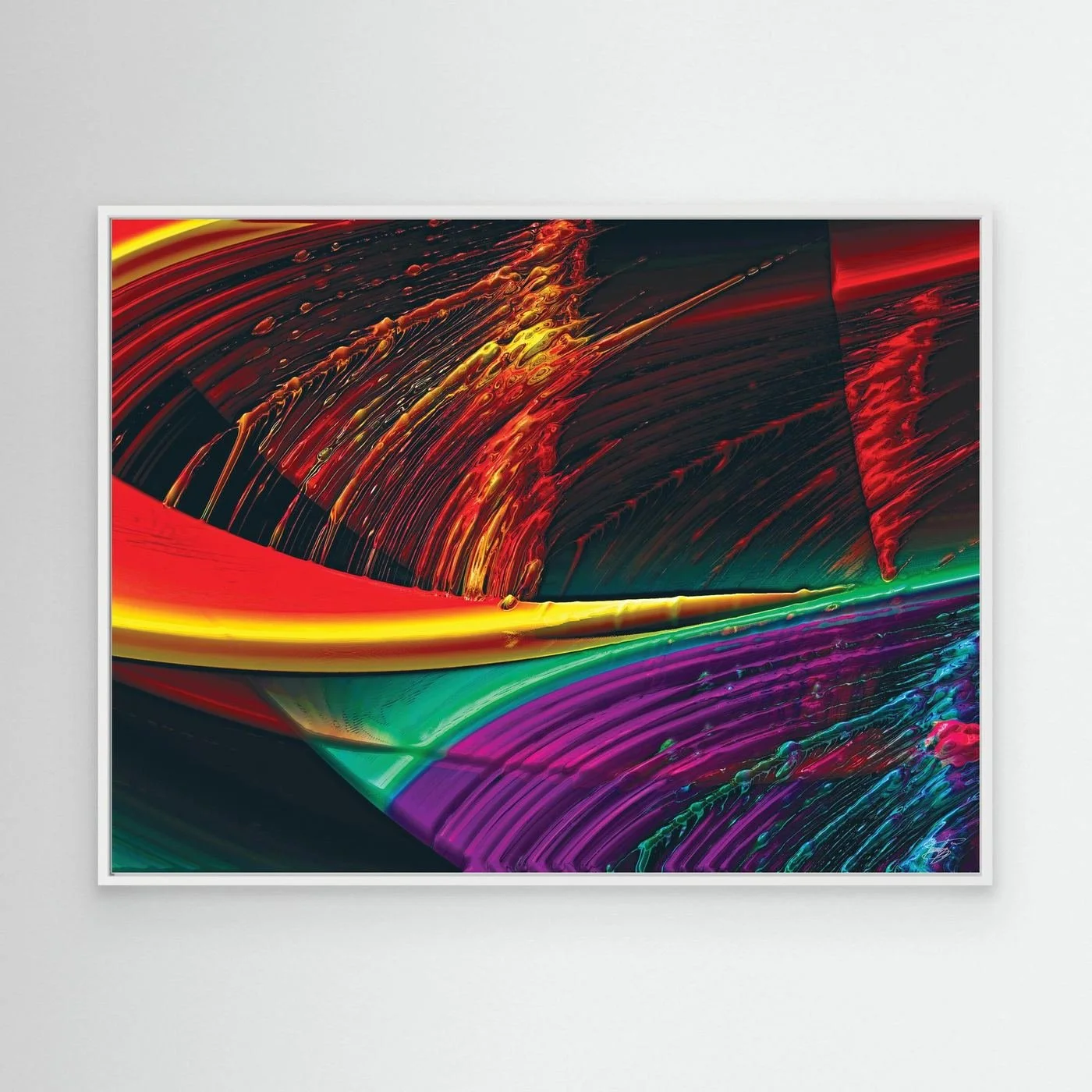 Abstract fine art print with high-gloss liquid textures, showcasing heavy 3D brushstrokes in fiery red, bright yellow, green, and deep purple tones, framed and ready to hang. With white frame