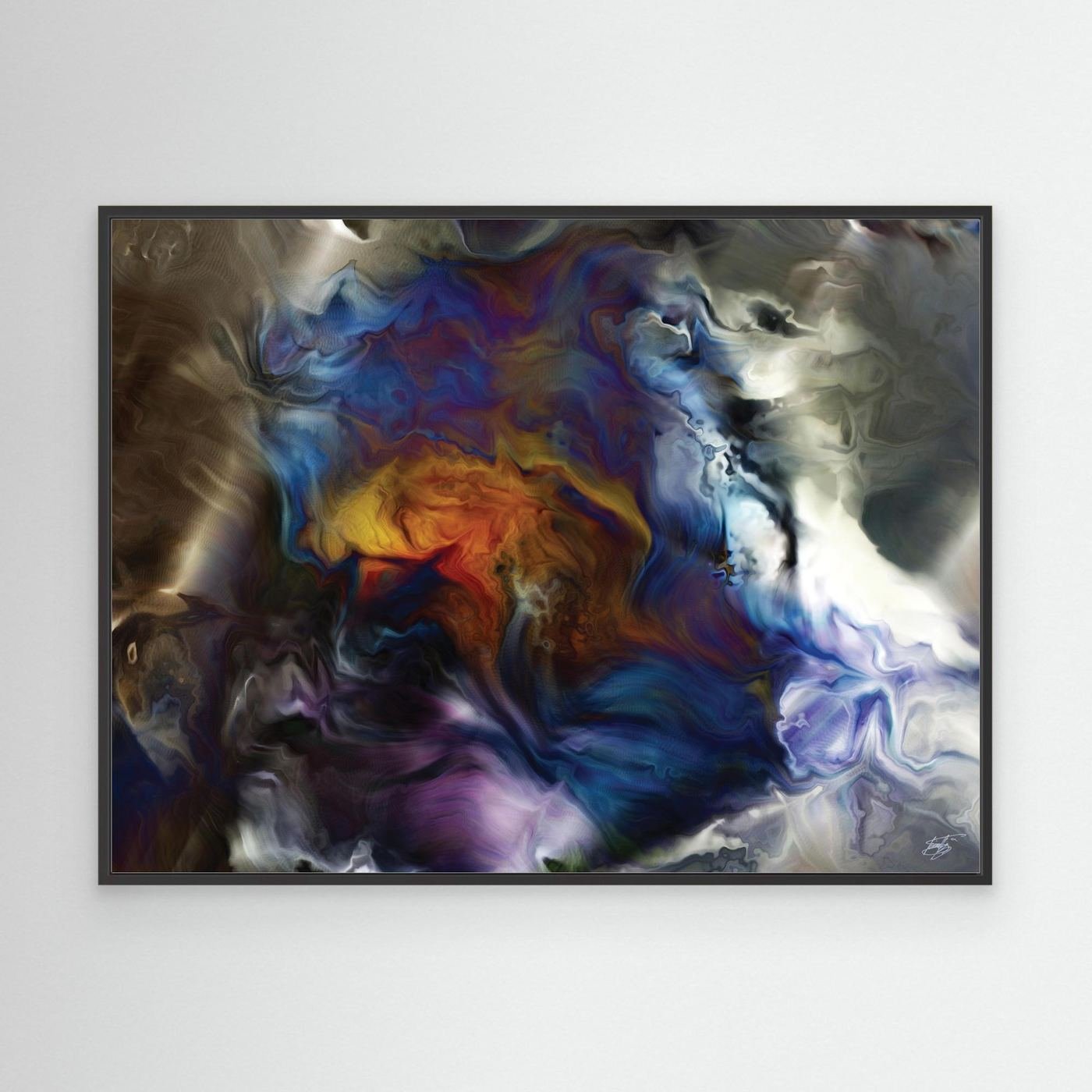 Abstract fine art print showcasing a fluid, marble-like cosmic swirl with deep blue, purple, and glowing amber tones surrounded by smoky neutral textures, framed and ready to hang. With black frame