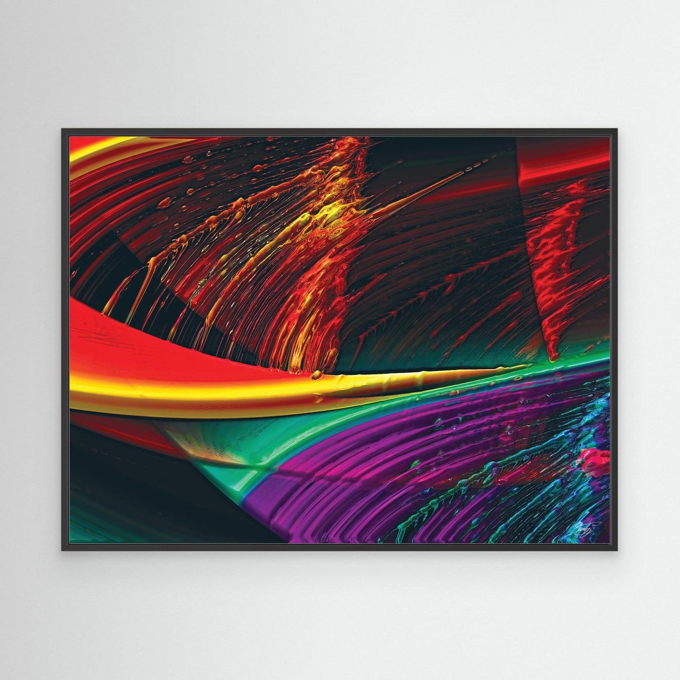 Abstract fine art print with high-gloss liquid textures, showcasing heavy 3D brushstrokes in fiery red, bright yellow, green, and deep purple tones, framed and ready to hang. With black frame