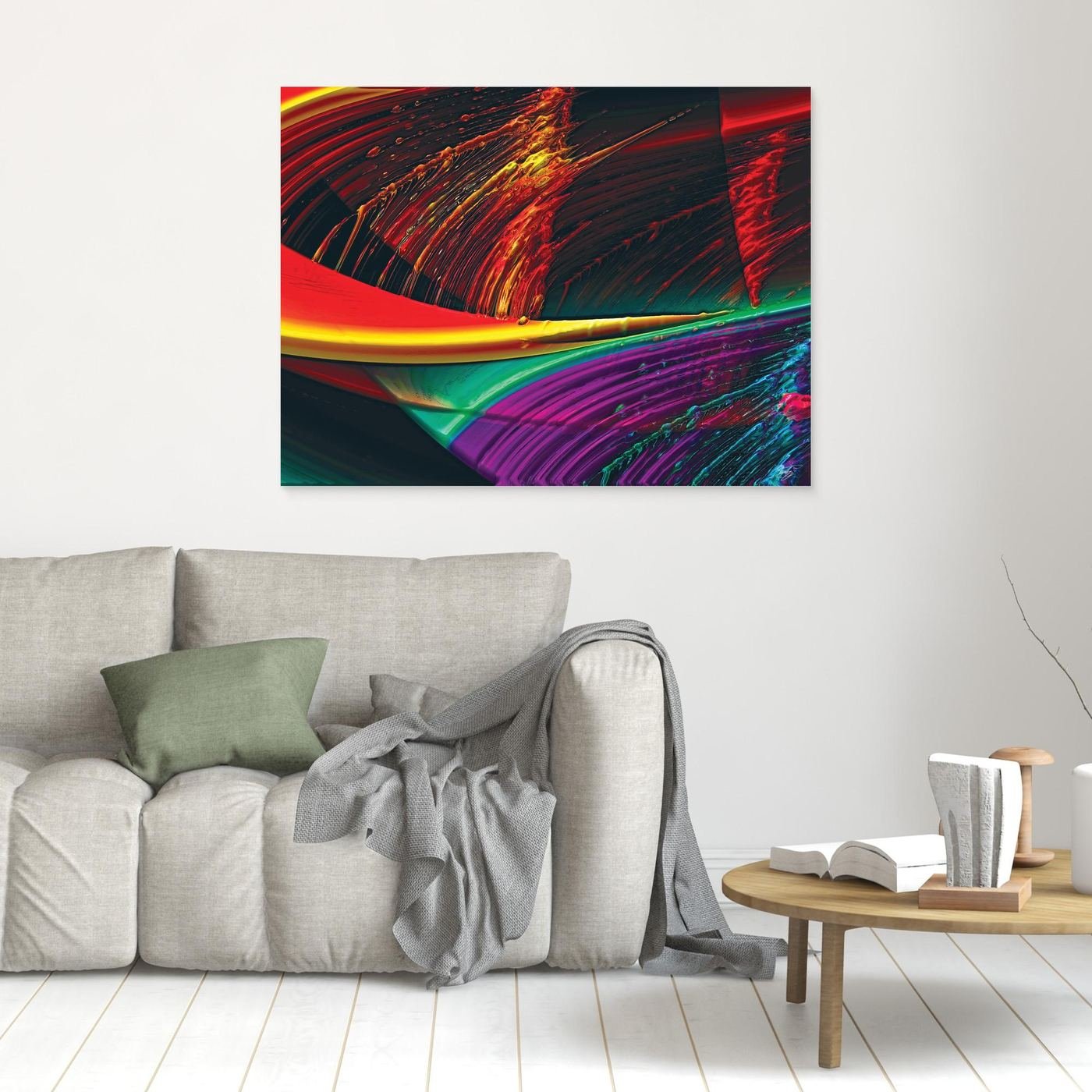 Abstract fine art print with high-gloss liquid textures, showcasing heavy 3D brushstrokes in fiery red, bright yellow, green, and deep purple tones, framed and ready to hang. In living room