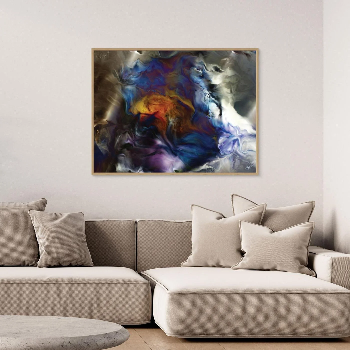 Abstract fine art print showcasing a fluid, marble-like cosmic swirl with deep blue, purple, and glowing amber tones surrounded by smoky neutral textures, framed and ready to hang. Over grey couch
