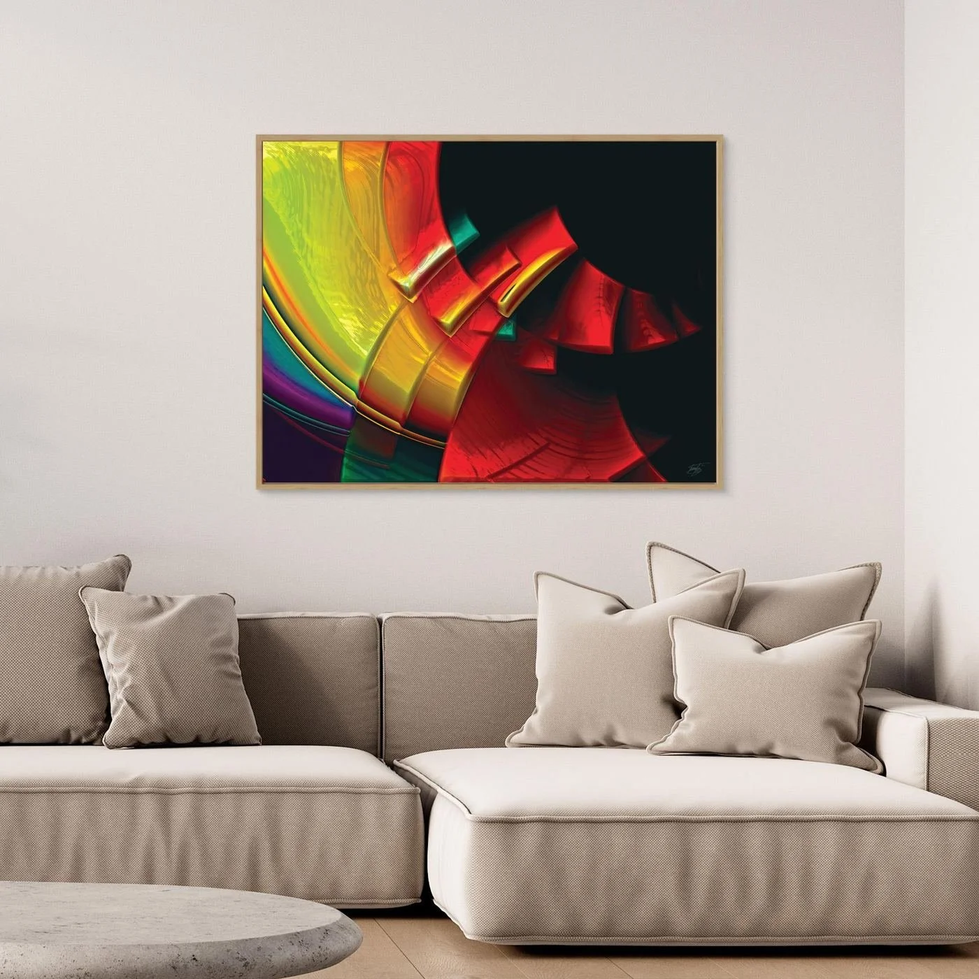 Vibrant fine art print featuring sweeping three-dimensional curves in bold red, yellow, green, and purple tones against a dark black background, framed and ready to hang. Over grey sofa