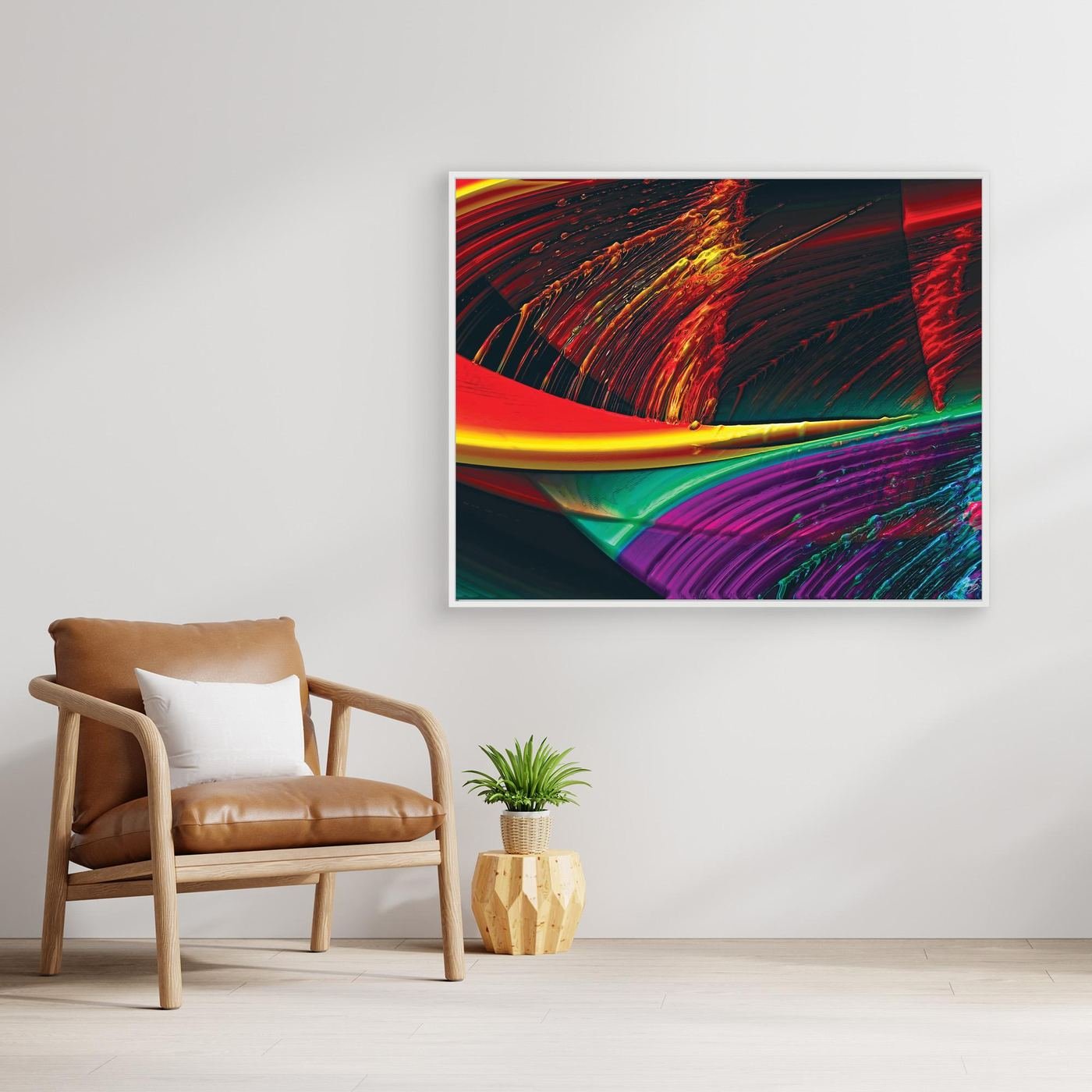Abstract fine art print with high-gloss liquid textures, showcasing heavy 3D brushstrokes in fiery red, bright yellow, green, and deep purple tones, framed and ready to hang. With chair
