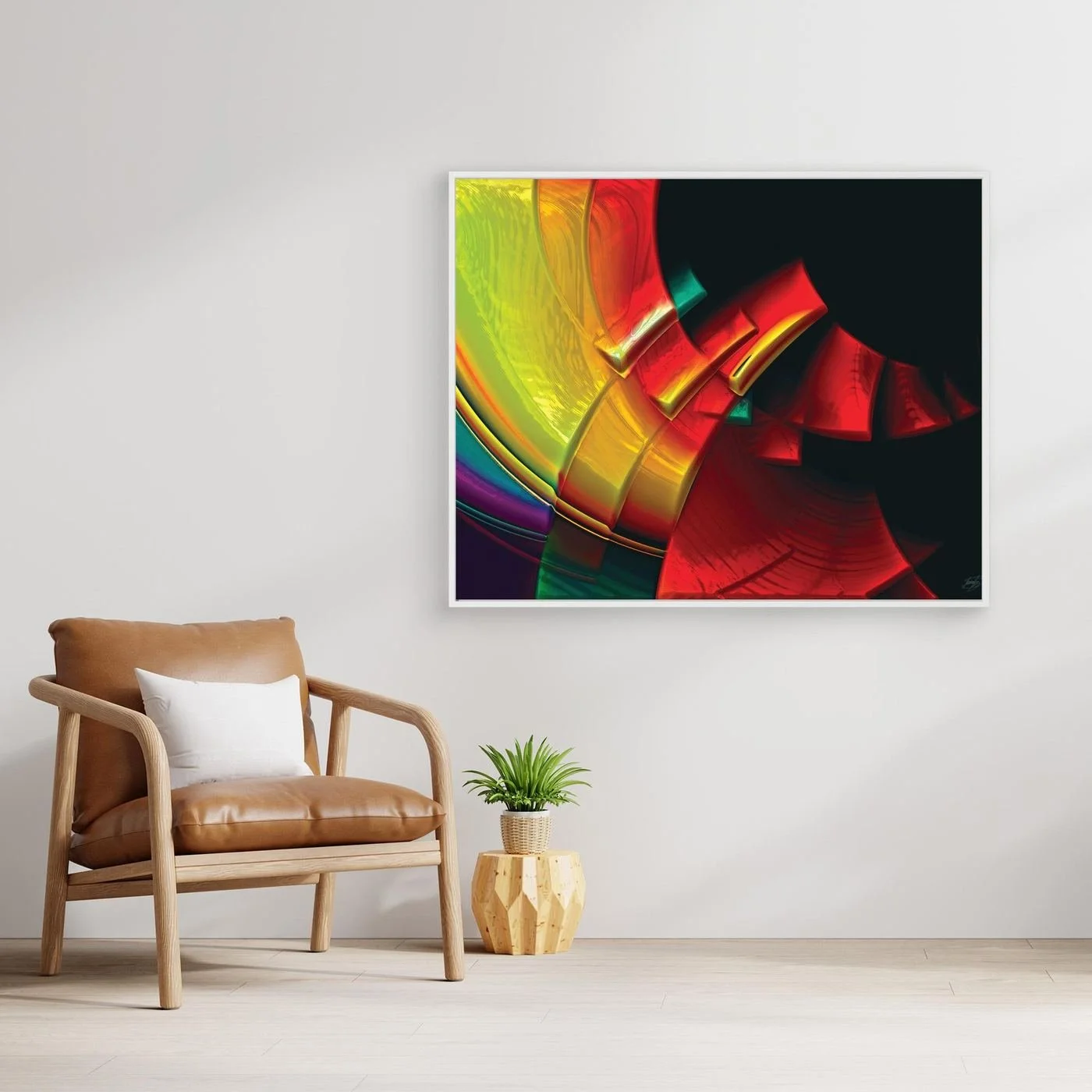 Vibrant fine art print featuring sweeping three-dimensional curves in bold red, yellow, green, and purple tones against a dark black background, framed and ready to hang. With chair