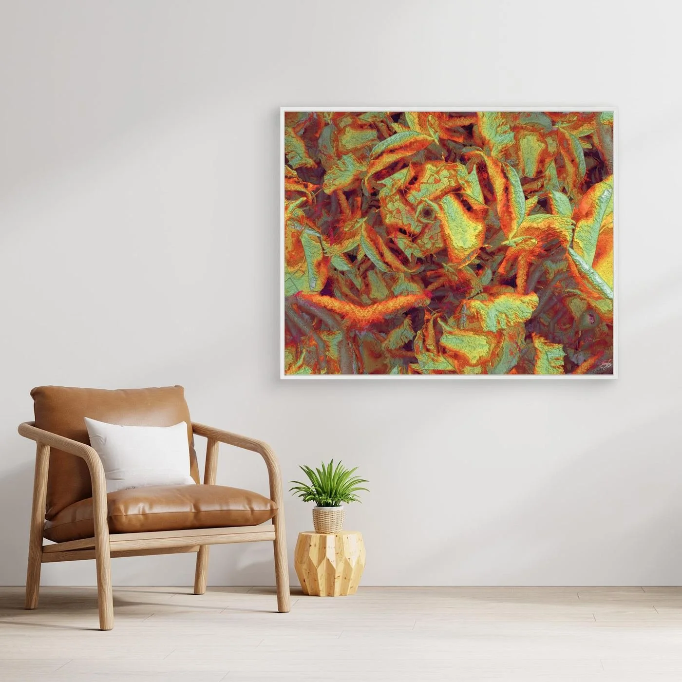 Abstract fine art print showcasing a dense, highly textured pattern of organic leaf-like shapes in warm autumn tones of orange, gold, and sage green, framed and ready to hang. With chair