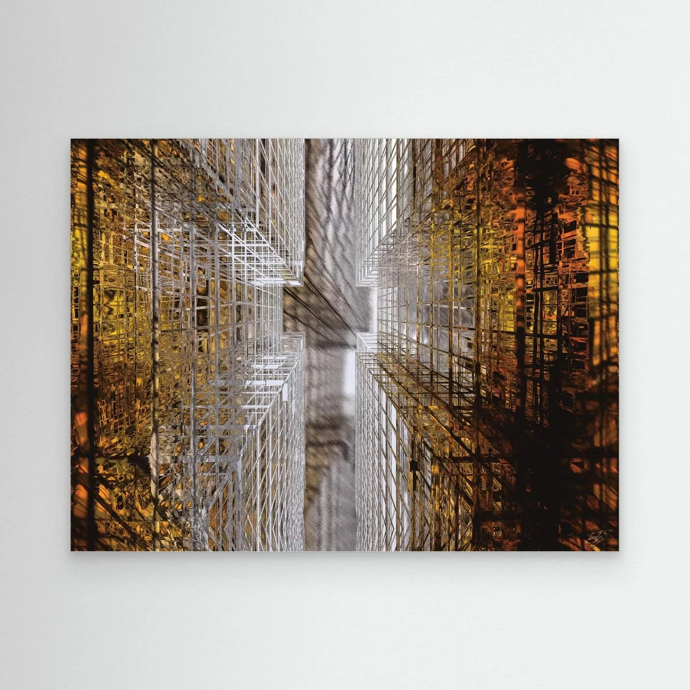 Abstract fine art print showing a dramatic top-down perspective of intricate geometric grid structures in industrial gold and silver tones, framed and ready to hang.