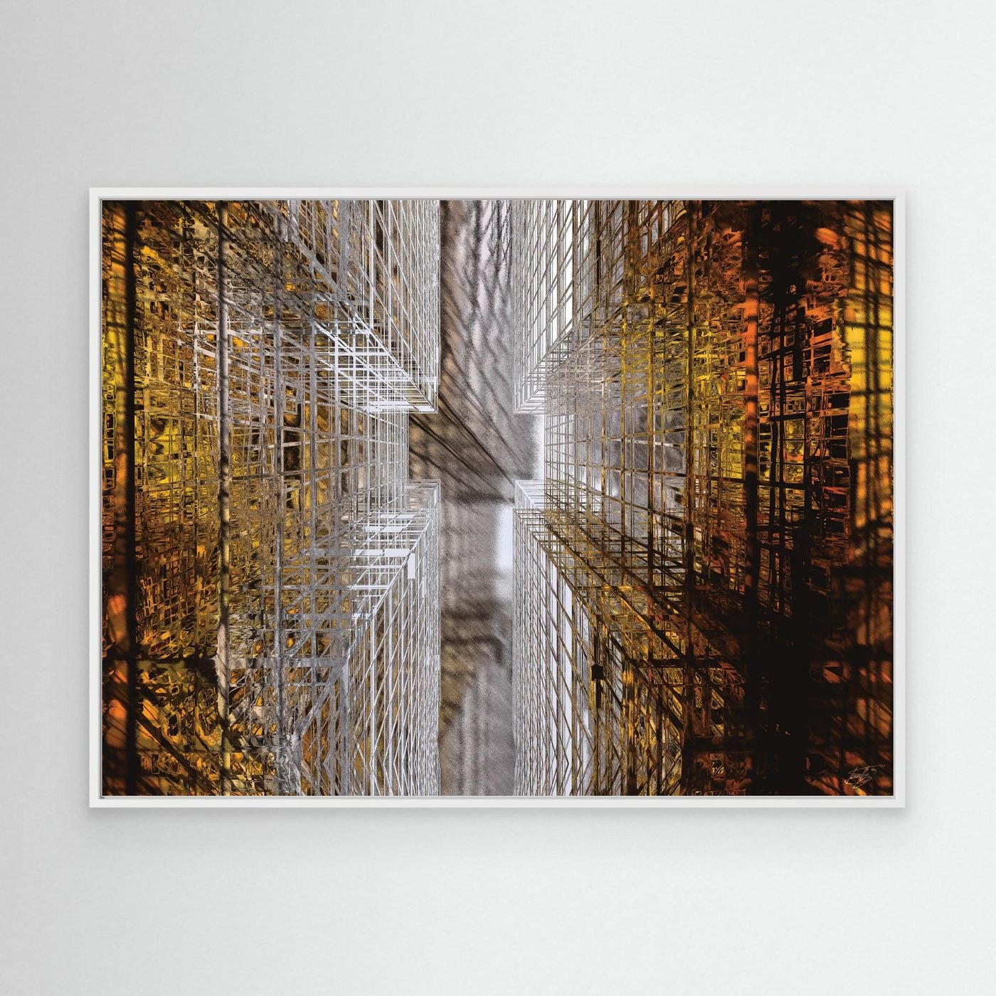 Abstract fine art print showing a dramatic top-down perspective of intricate geometric grid structures in industrial gold and silver tones, framed and ready to hang. With white frame
