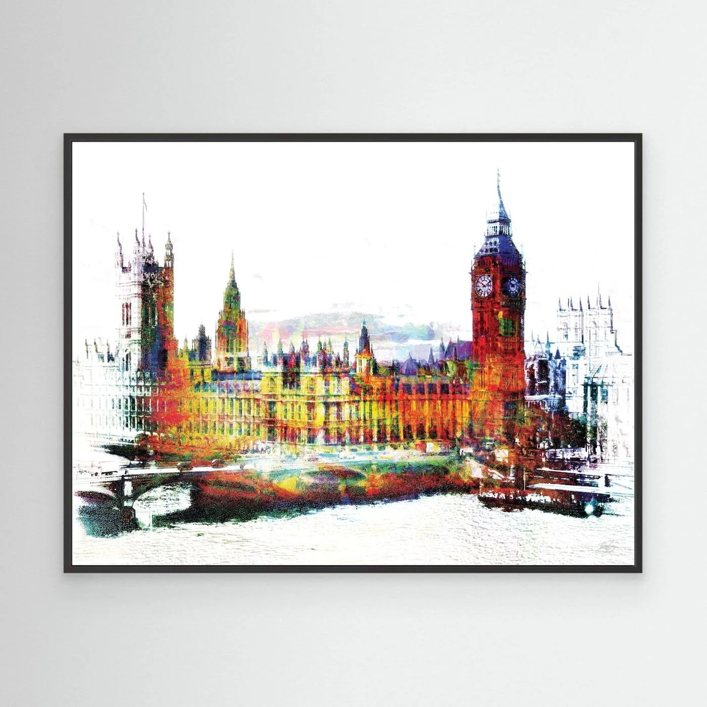 Expressionist fine art print of London's Houses of Parliament and Big Ben featuring high-contrast multicolor textures on a bright white background, framed and ready to hang. With black frame