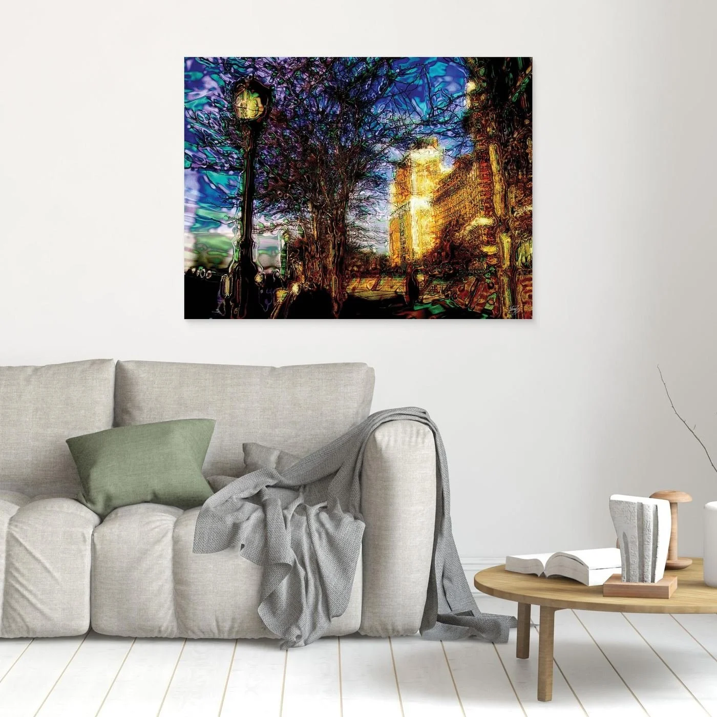 Abstract fine art print of a surreal city park at night with street lamp, bare trees, and electric blue, purple, and glowing gold liquid textures, framed and ready to hang. In living room