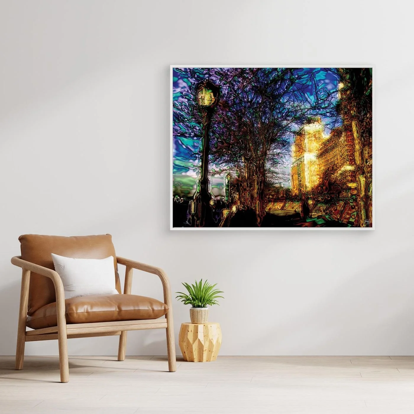 Abstract fine art print of a surreal city park at night with street lamp, bare trees, and electric blue, purple, and glowing gold liquid textures, framed and ready to hang. With chair
