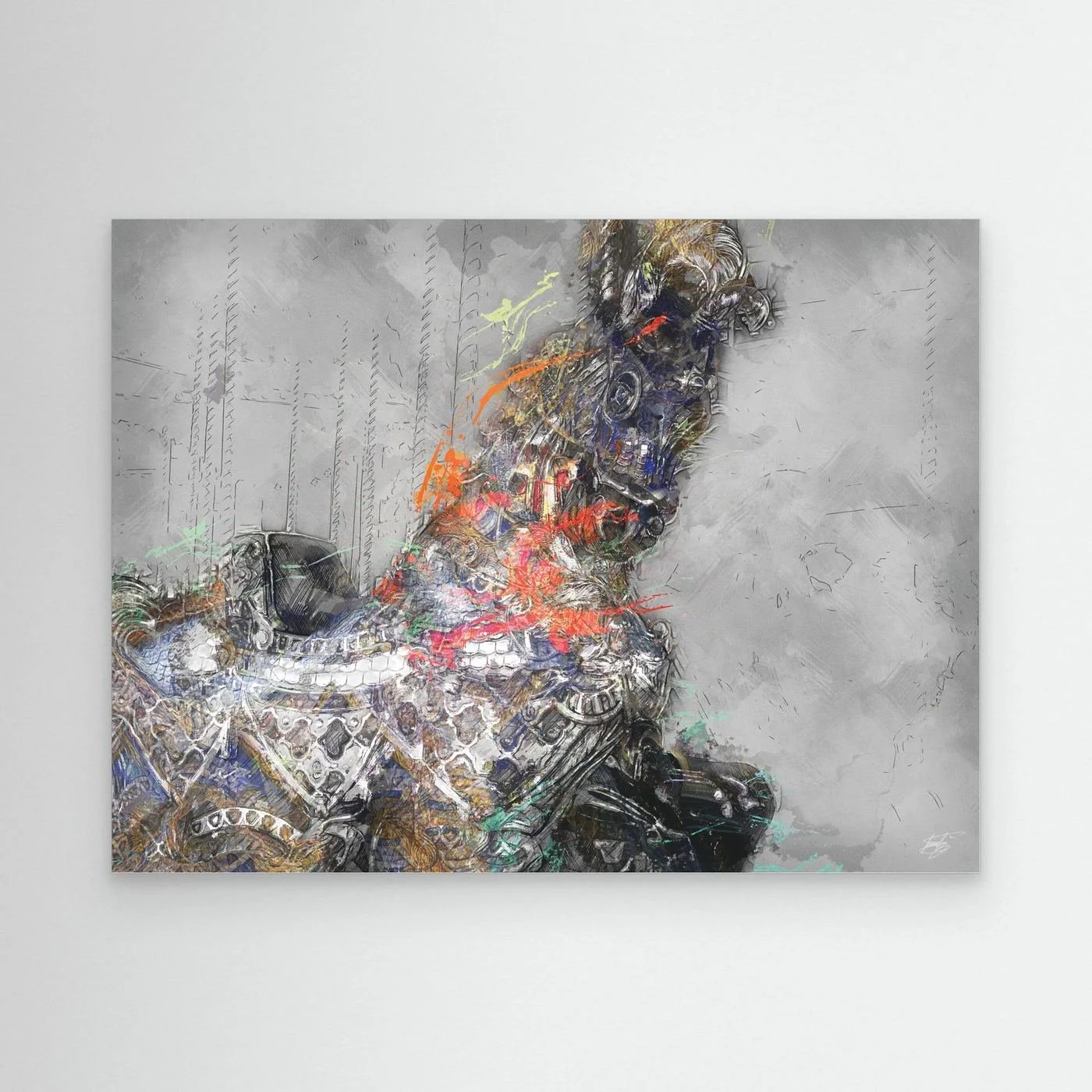 Contemporary fine art print of an intricate robotic cyberpunk horse with mechanical gears and vibrant paint splatters against a textured grey background, framed and ready to hang.