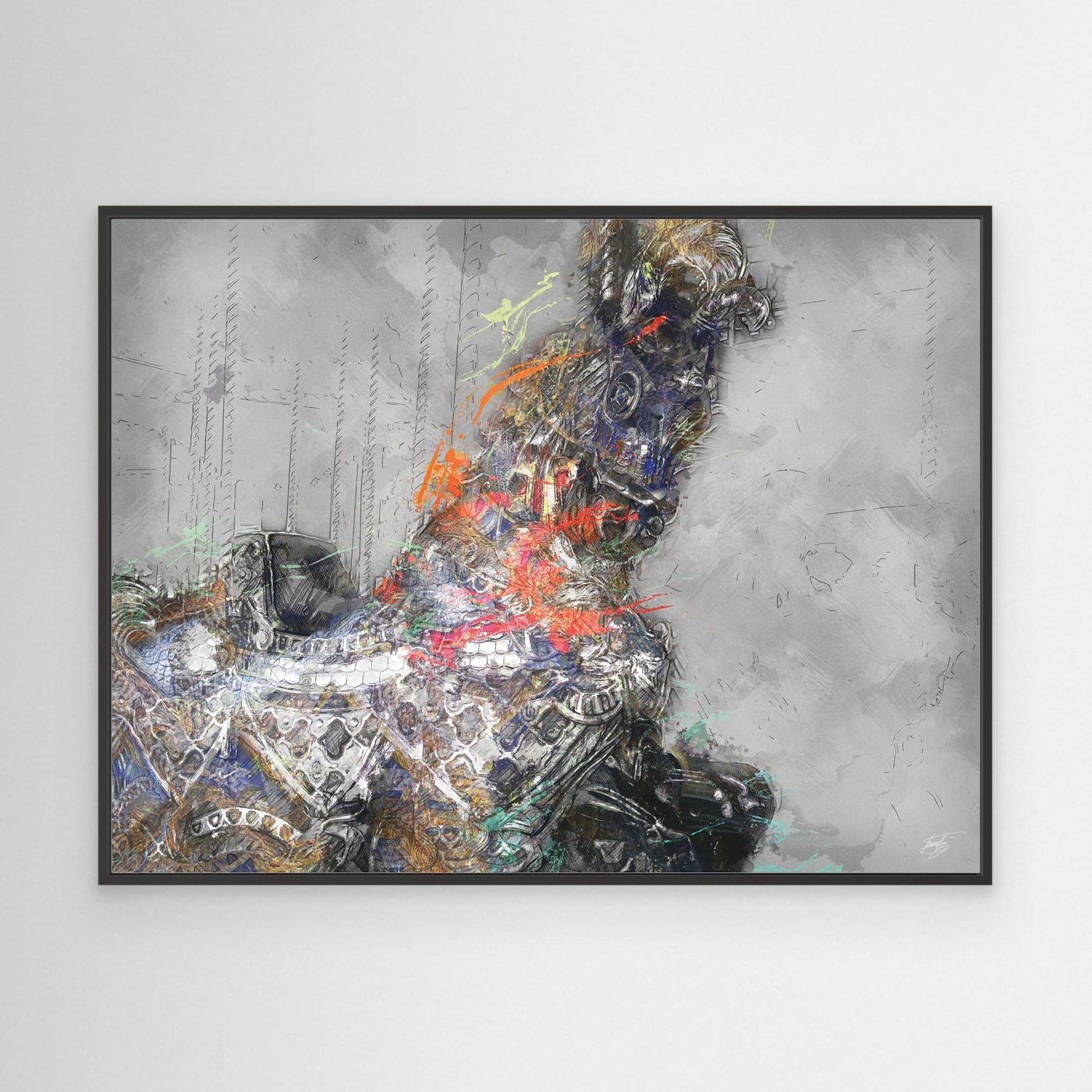 Contemporary fine art print of an intricate robotic cyberpunk horse with mechanical gears and vibrant paint splatters against a textured grey background, framed and ready to hang. With black frame