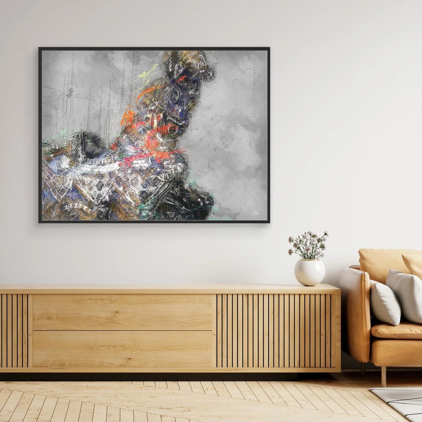 Contemporary fine art print of an intricate robotic cyberpunk horse with mechanical gears and vibrant paint splatters against a textured grey background, framed and ready to hang. Over wooden console