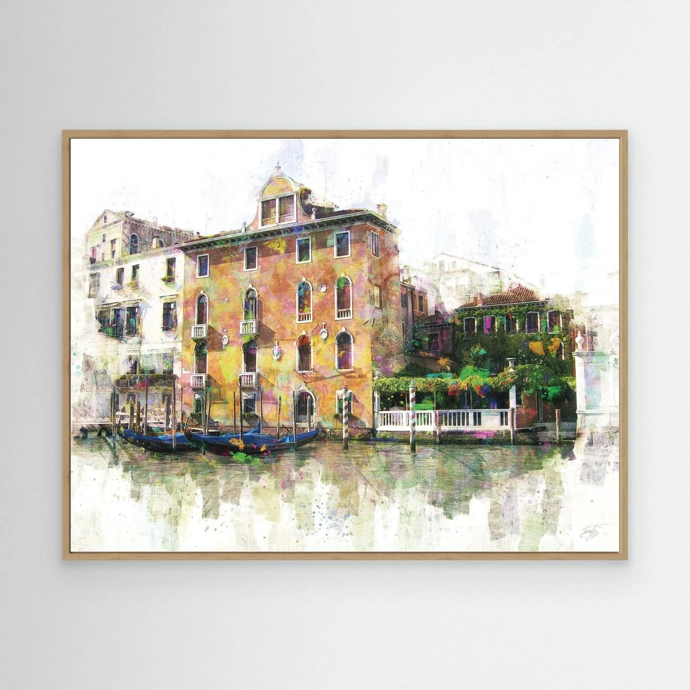 Vibrant fine art print of a classic Venice canal landscape with historic Italian architecture, docked gondolas, and colorful reflections on the water, framed and ready to hang. With wooden frame