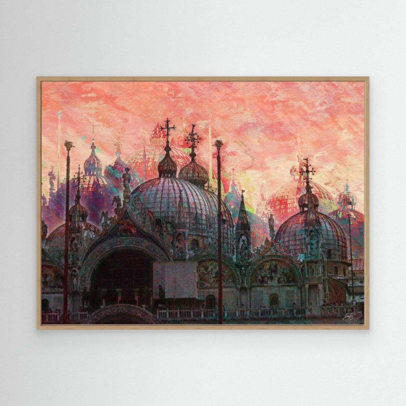 Expressionist digital art print showcasing St. Mark's Basilica in Venice with intricate dome details under a textured pink and coral sky, framed and ready to hang. With wooden frame