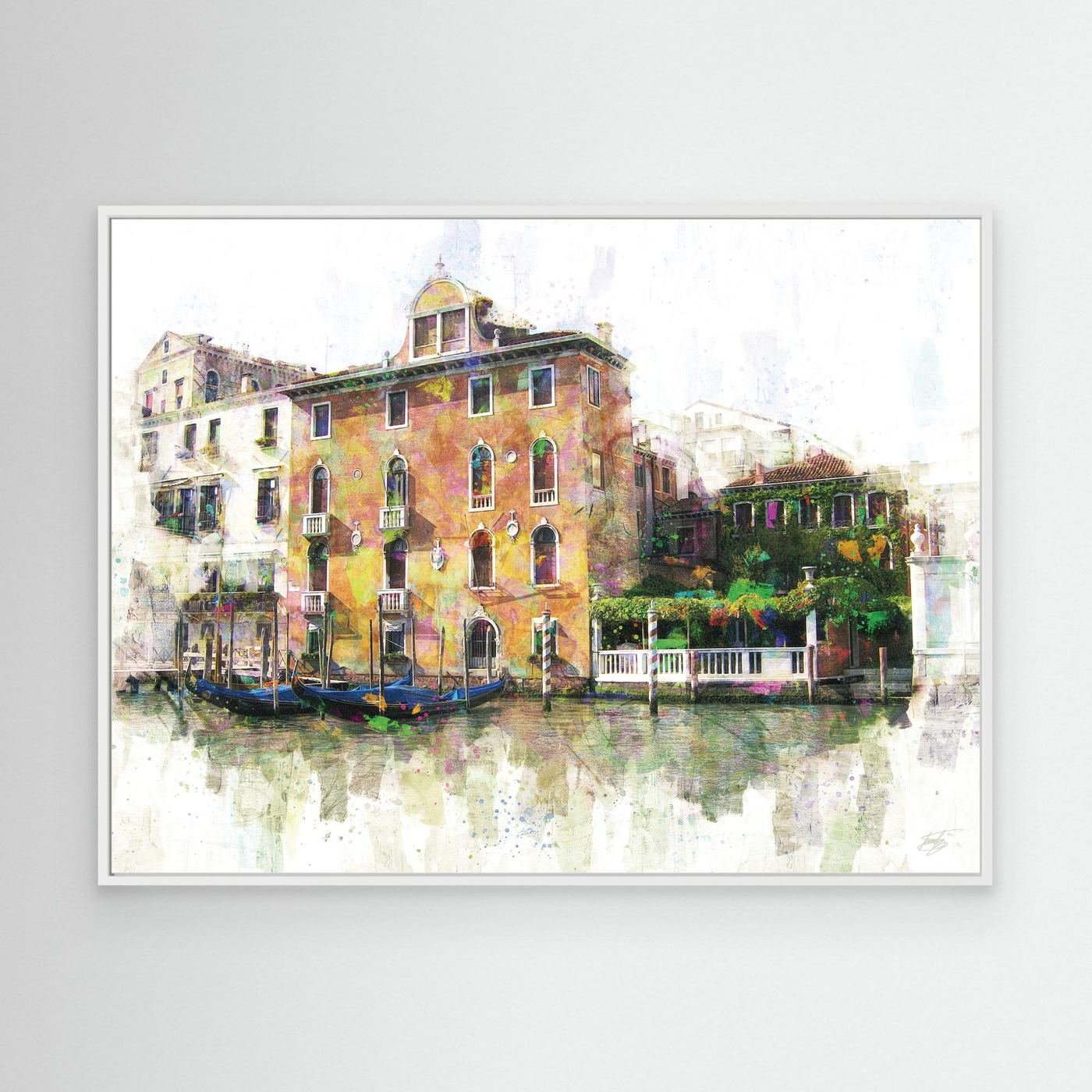 Vibrant fine art print of a classic Venice canal landscape with historic Italian architecture, docked gondolas, and colorful reflections on the water, framed and ready to hang. With white frame