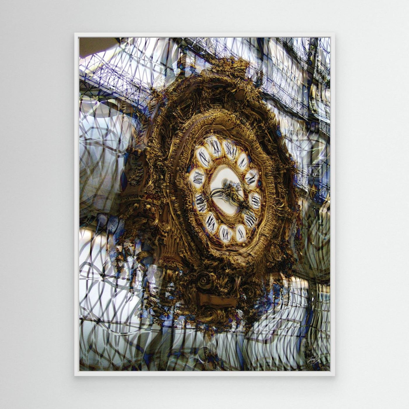 Fine art print of the ornate gold clock from the Musee d'Orsay in Paris, integrated into a complex abstract grid of glass and steel architecture, framed and ready to hang. With white frame
