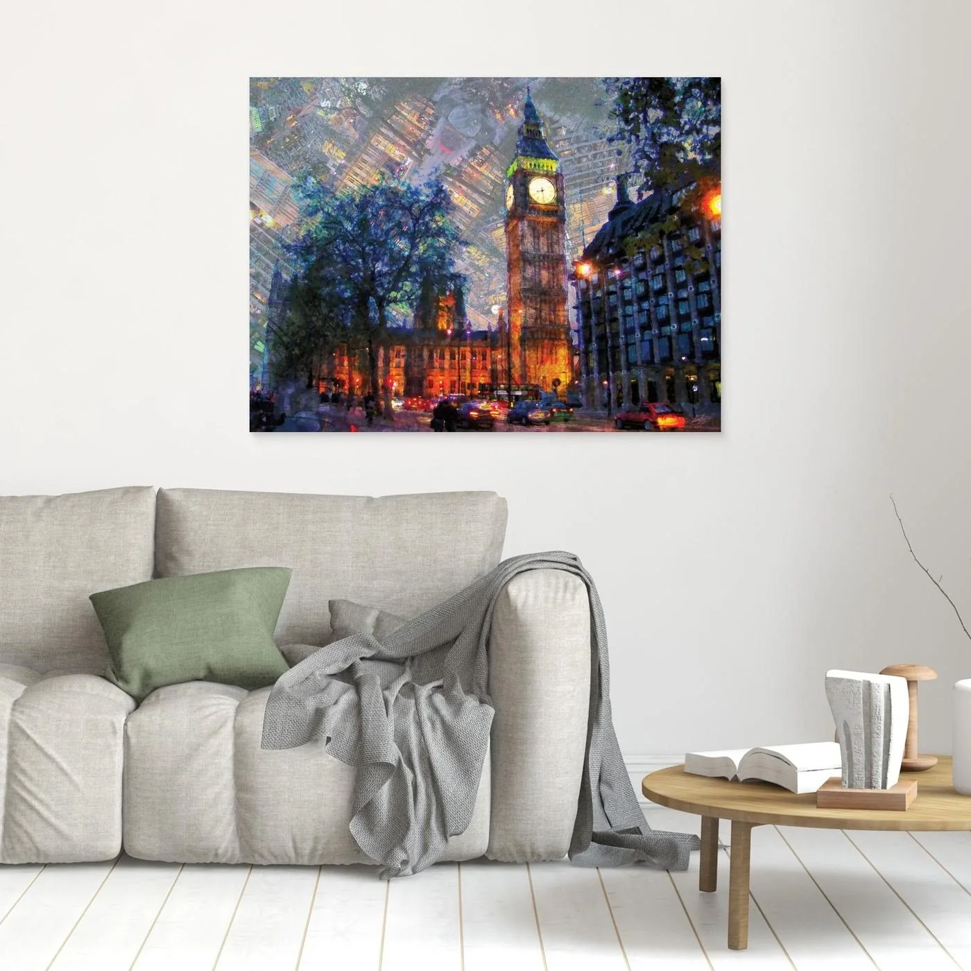 Impressionist fine art print showcasing London's Big Ben illuminated at night with a surreal textured sky featuring inverted city architectural patterns, framed and ready to hang. In living room